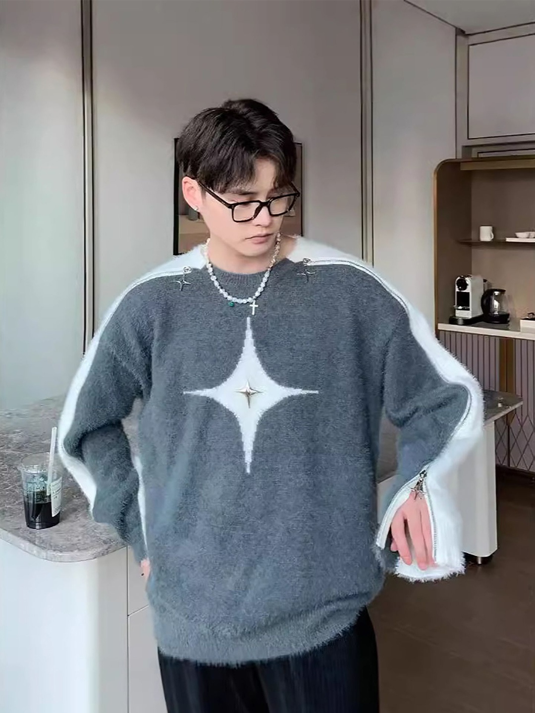 

StyleCast x Revolte Men Cable Knit Pullover Sweater, Grey