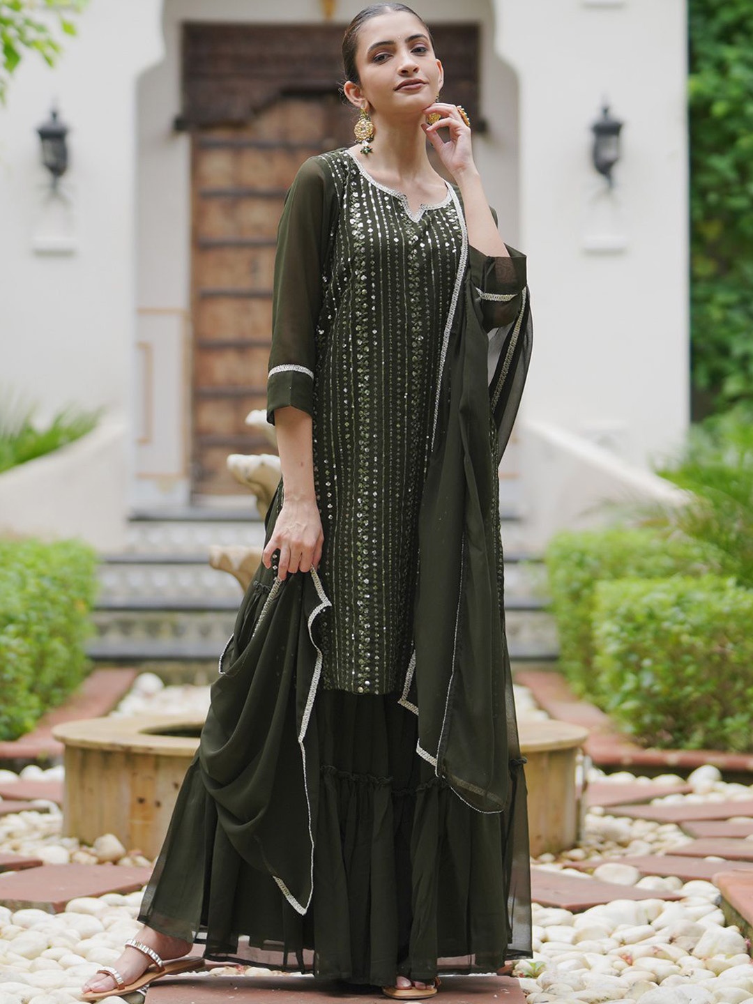 

Indo Era Ethnic Motifs Embroidered Sequinned Kurta With Sharara & Dupatta, Green