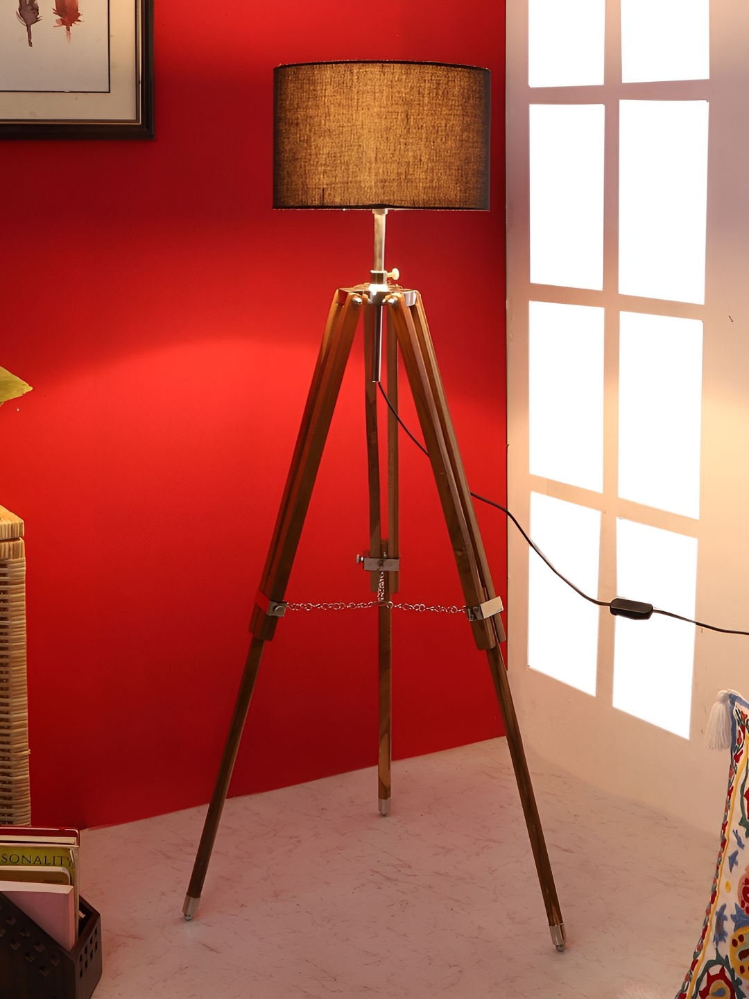 

pristine interiors Black & Brown Jute Shade Wooden Tripod Floor Lamp