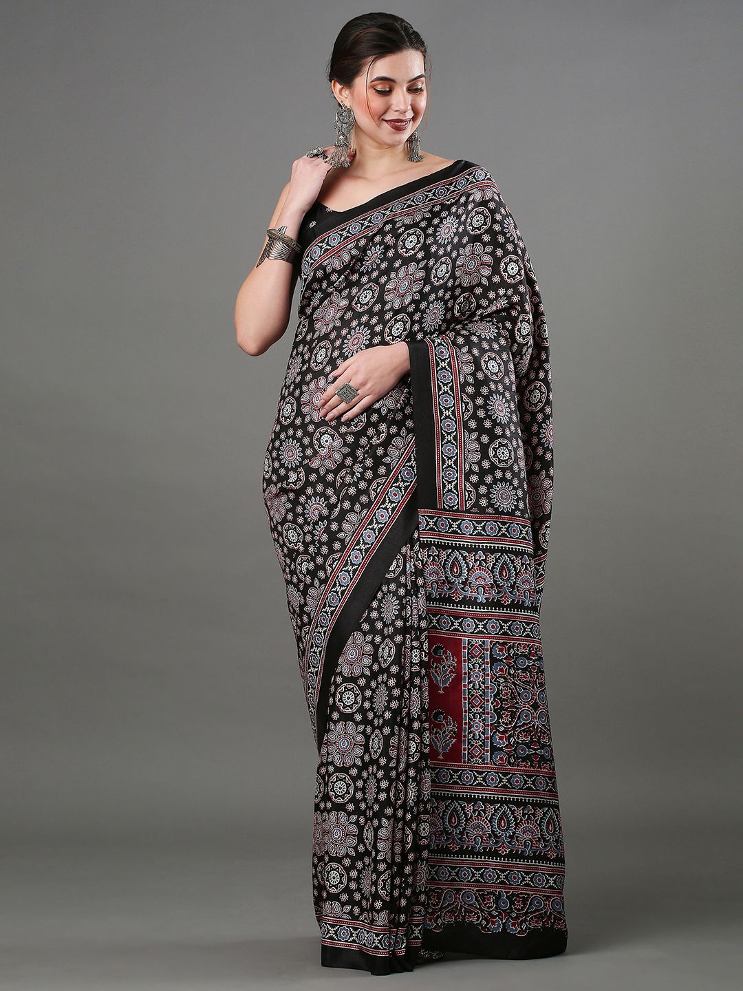 

KALINI Ajrak Block Block Printed Saree with Matching Blouse, Black