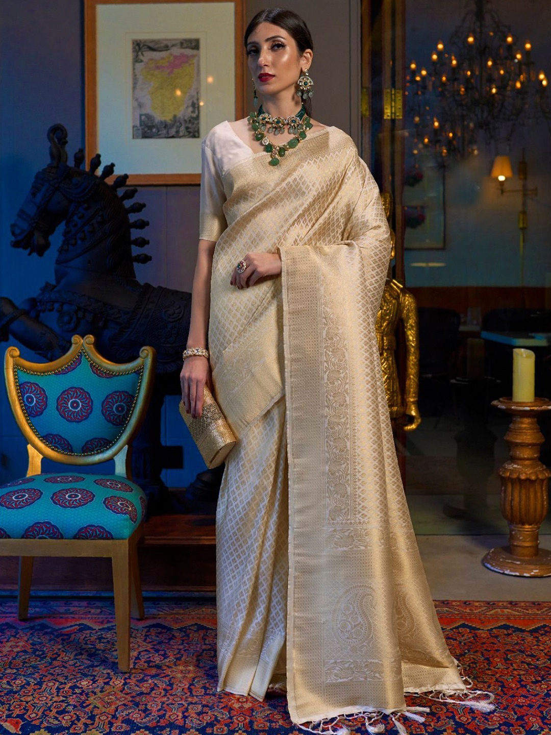 

ODETTE Ethnic Motifs Woven Design Zari Saree, Cream