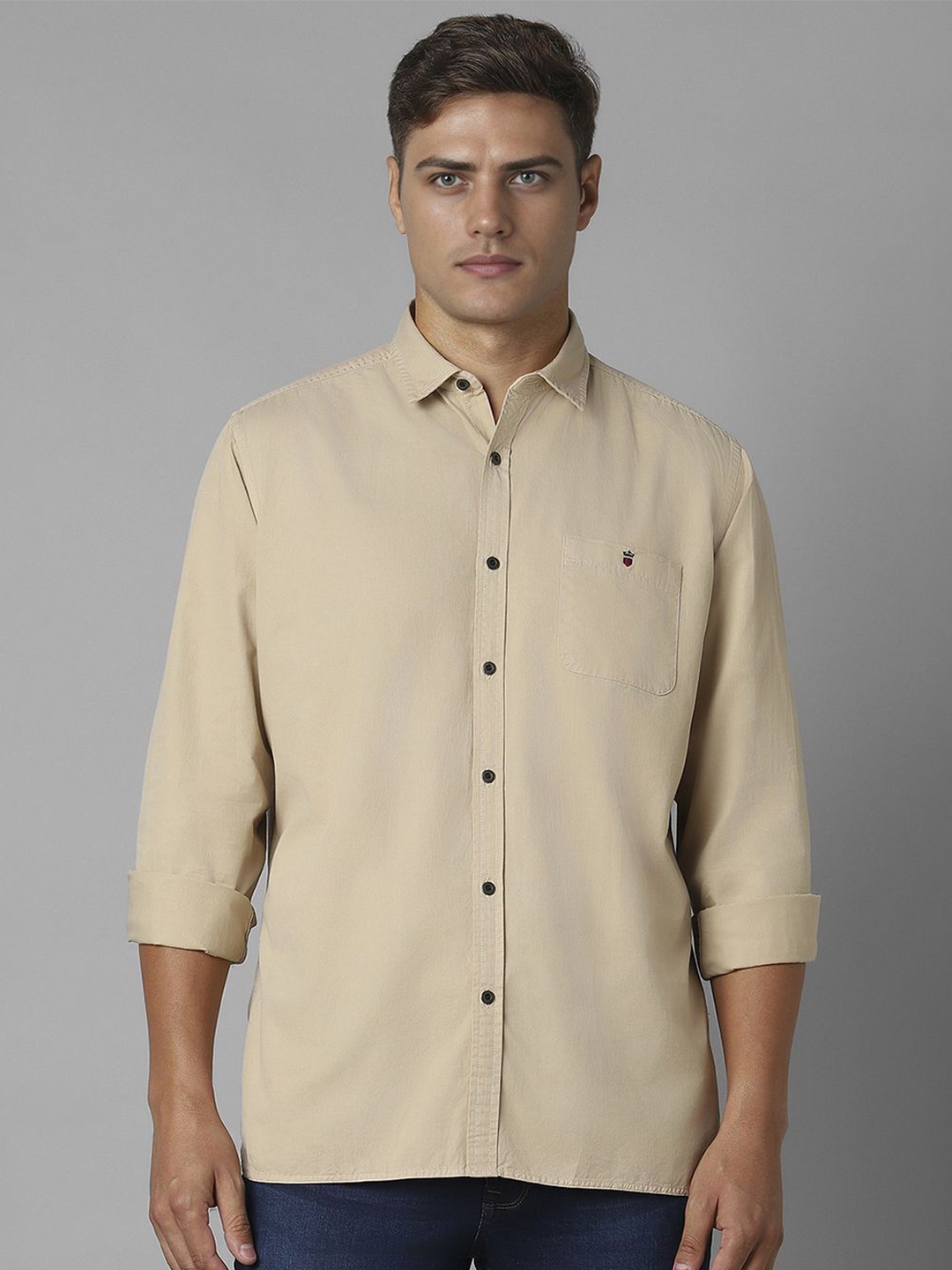 

Louis Philippe Jeans Men Spread Collar Solid Cotton Slim Fit Casual Shirt, Beige
