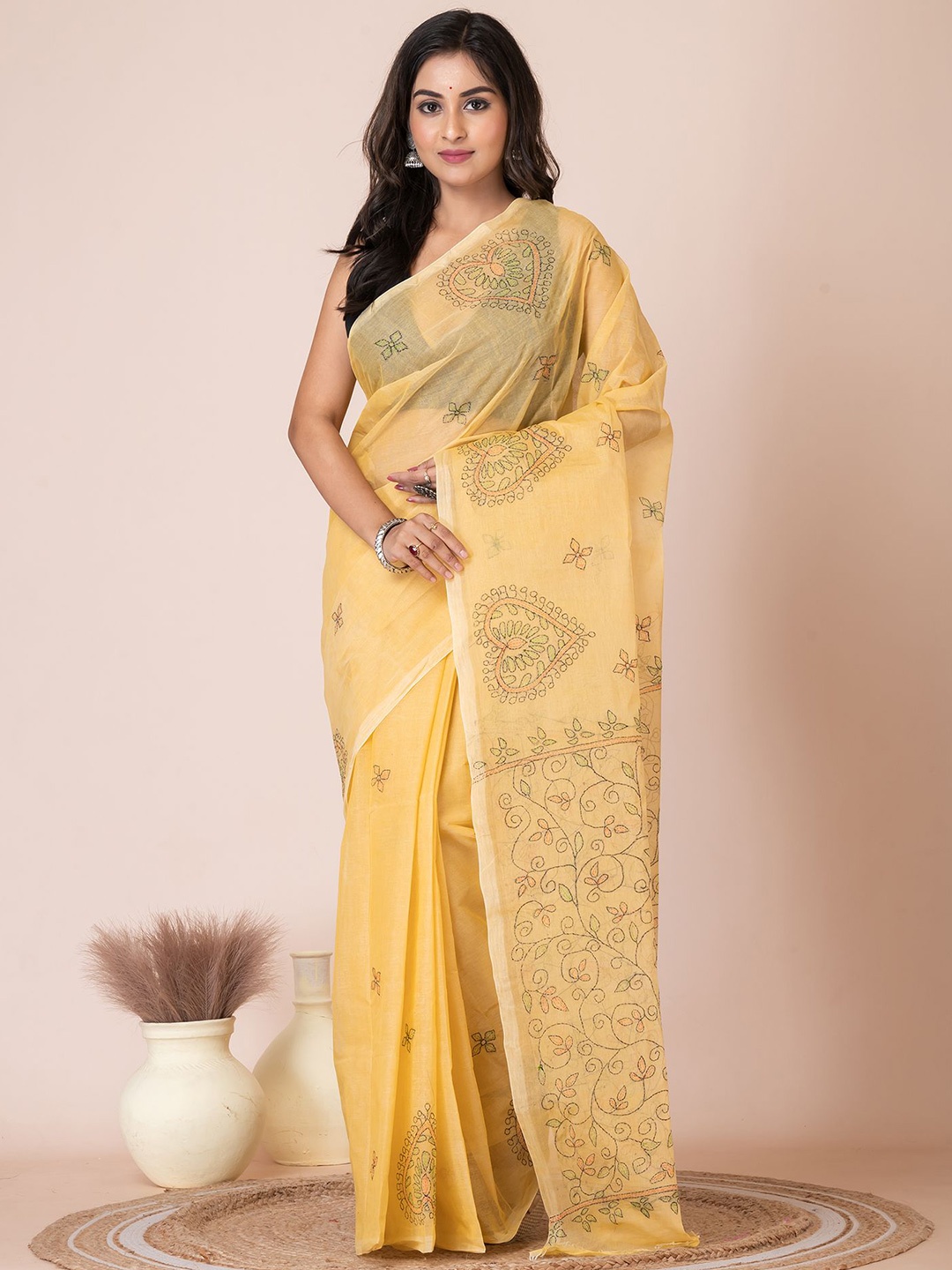 

HOUSE OF ARLI Floral Kantha Work Pure Cotton Saree, Yellow