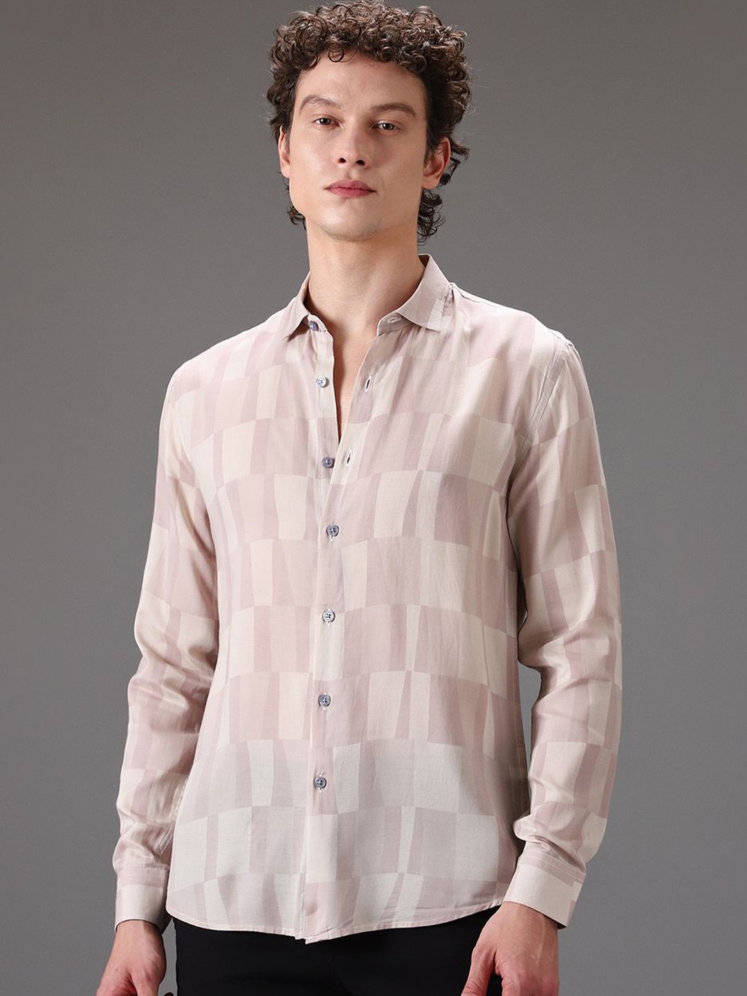 

Banana Club Men Classic Slim Fit Opaque Checked Casual Shirt, Nude