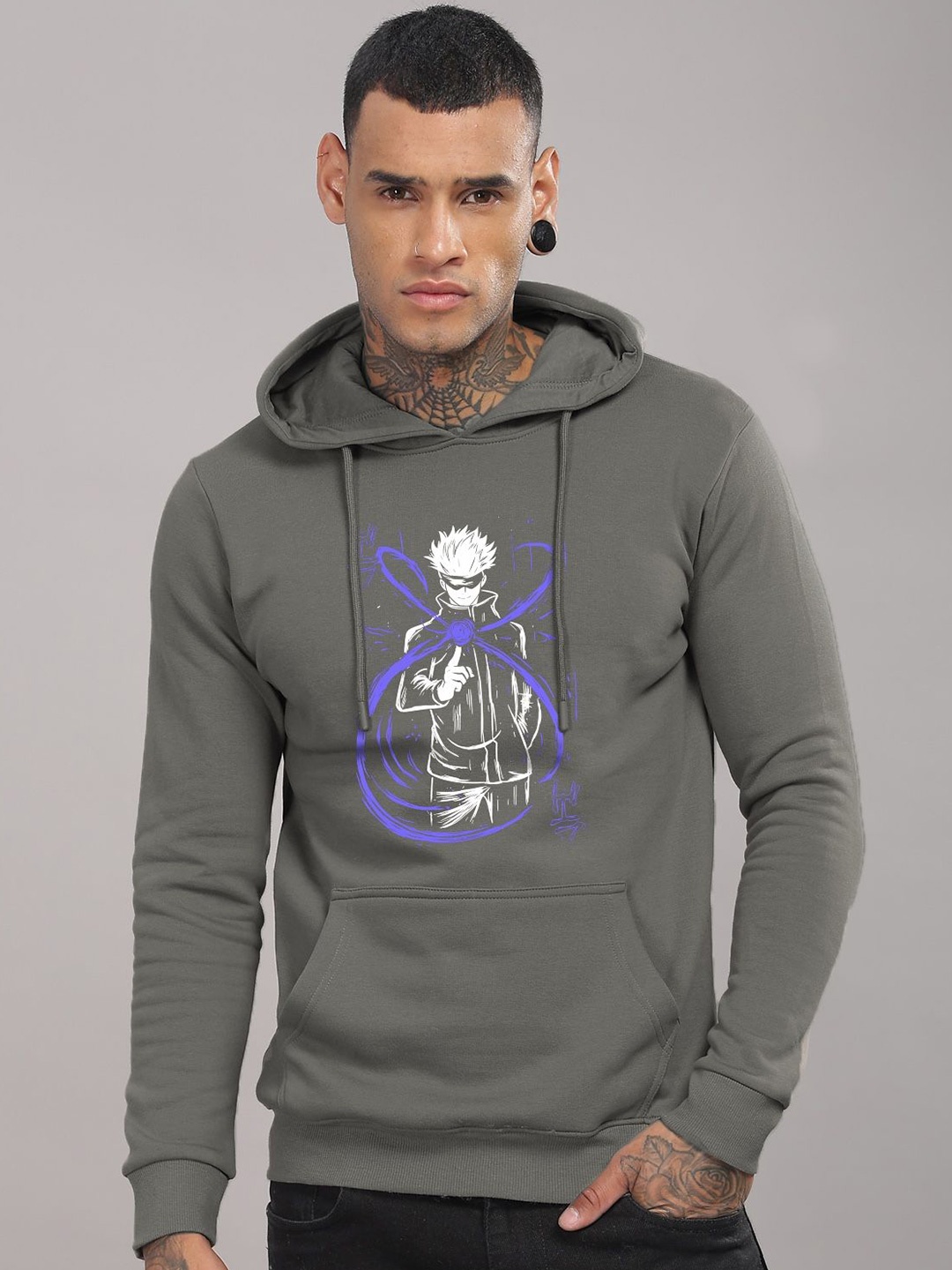 

ADRO Men Printed Hooded Pullover Sweatshirt, Grey