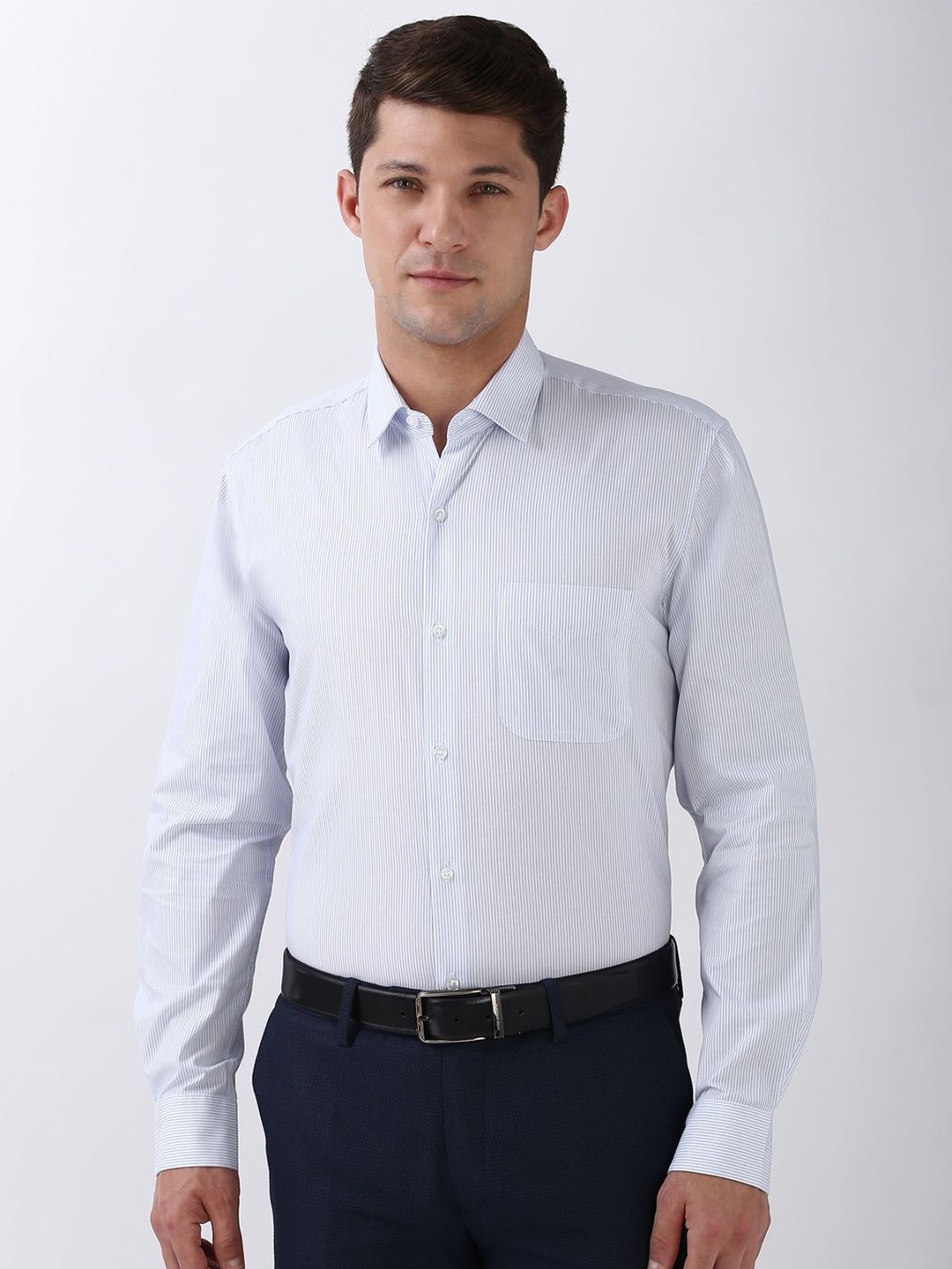 

Peter England Men Spread Collar Pinstripes Striped Cotton Formal Shirt, Blue