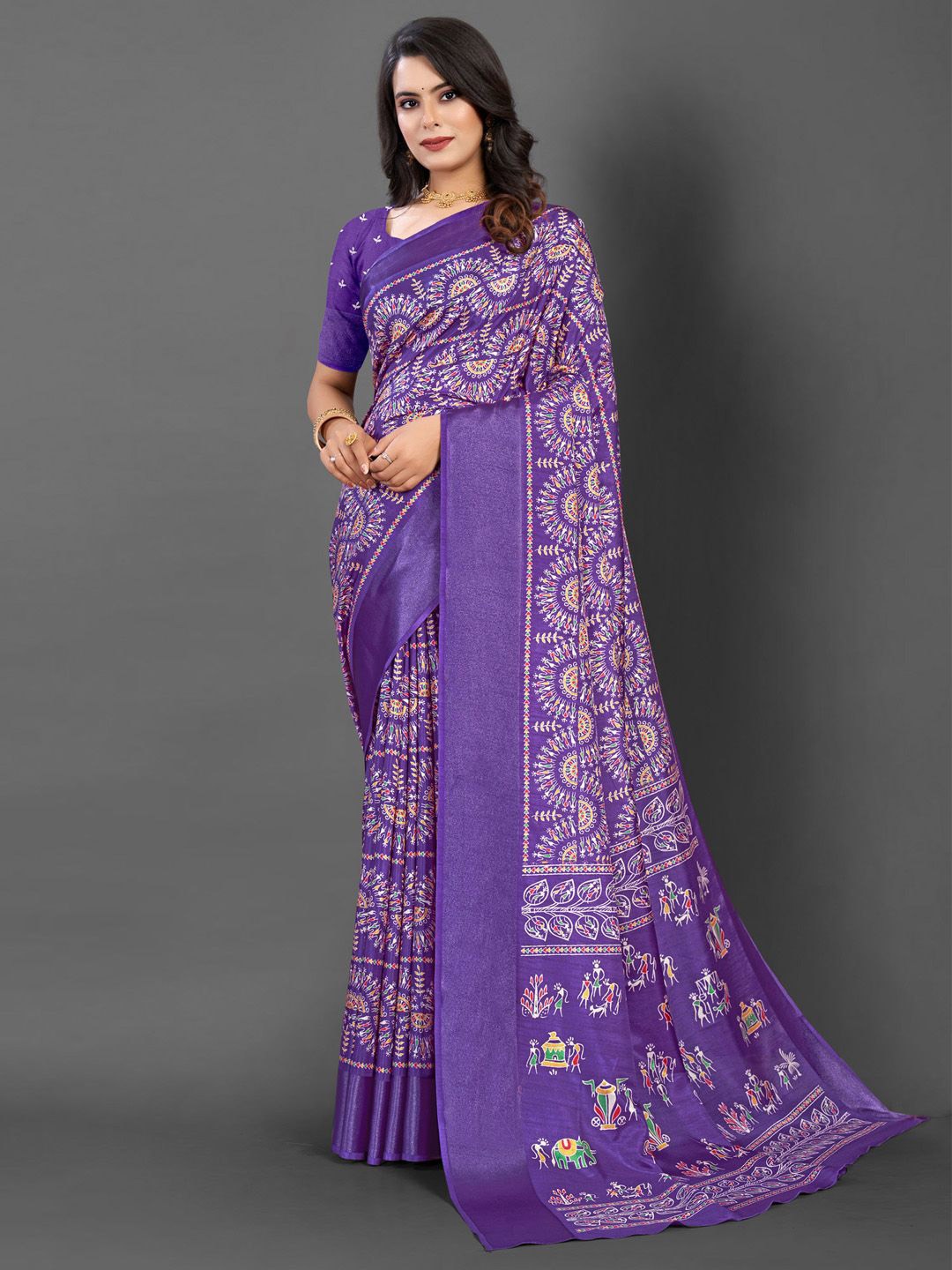 

KALINI Warli Printed Bagh Saree, Purple