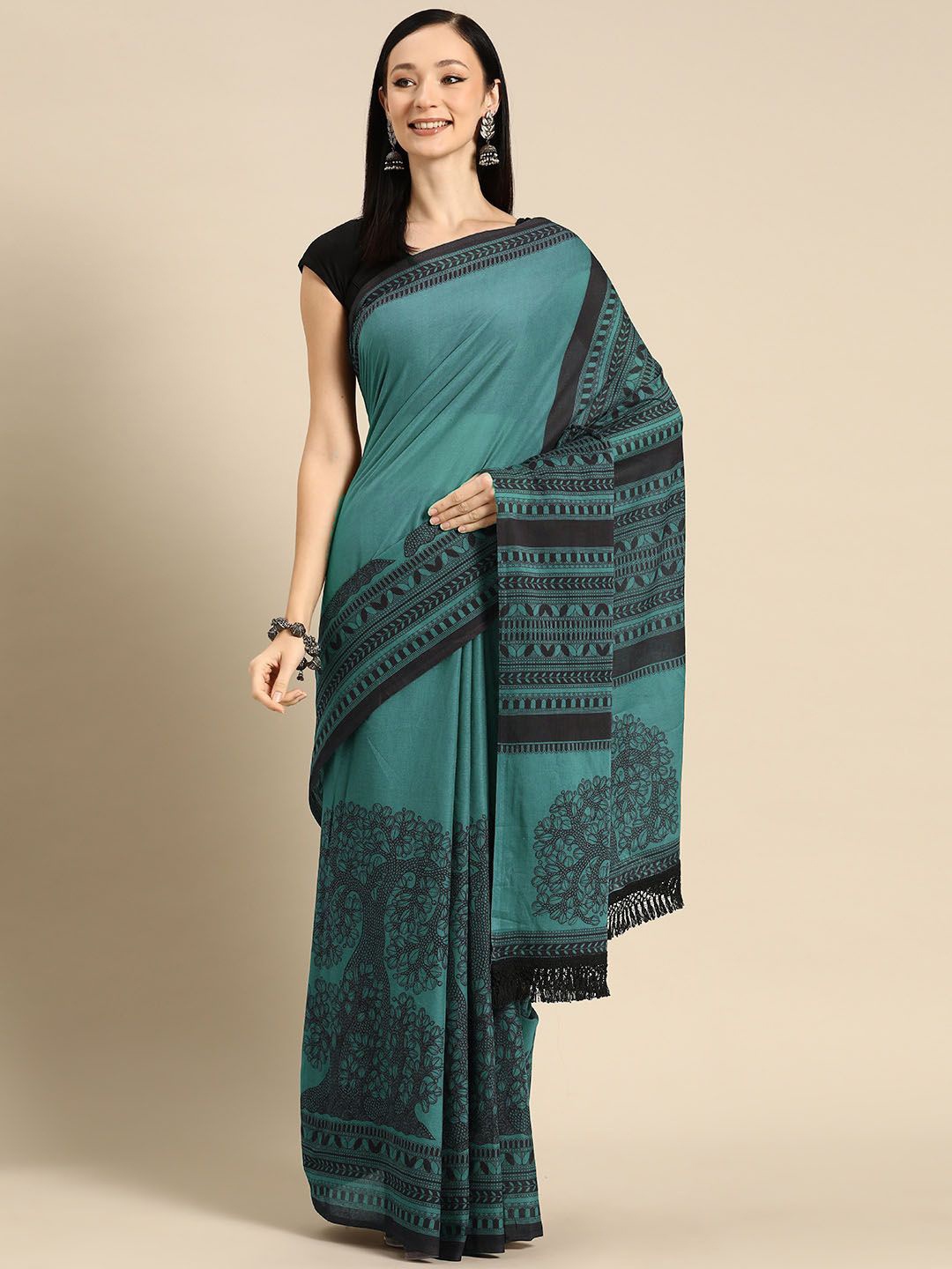 

BUTA BUTI Floral Printed Pure Cotton Saree, Sea green