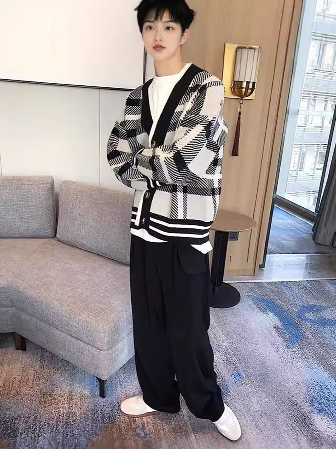 

StyleCast x Revolte Men Cable Knit Checked Cardigan, Black