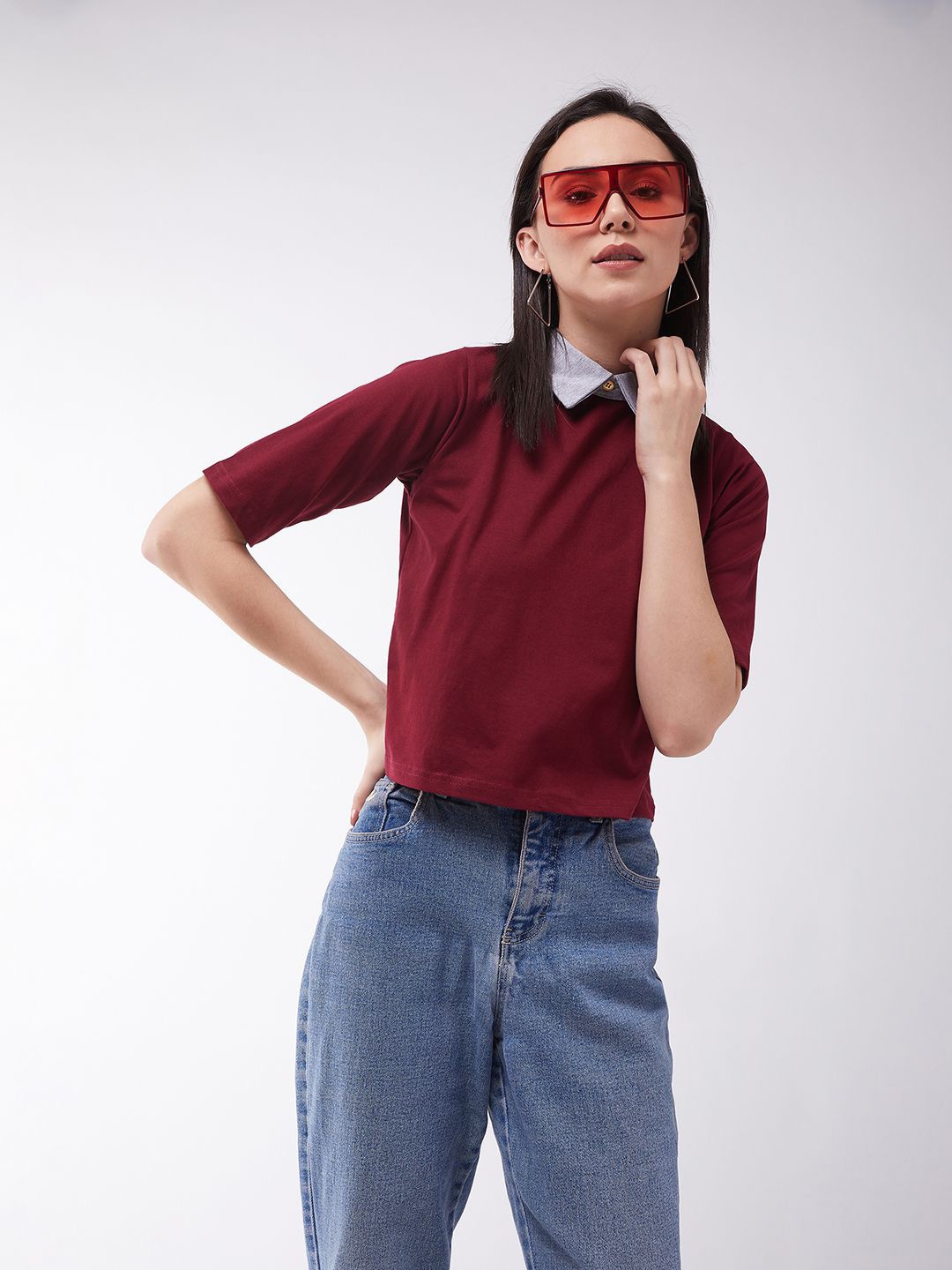 

BAESD Half Sleeves Round Neck Solid Crop Top, Maroon