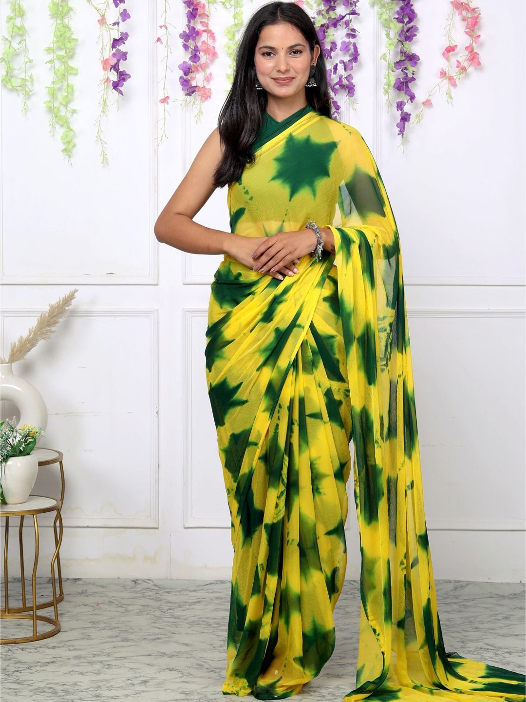 

VL SAREES Tie and Dye Pure Chiffon Saree, Yellow