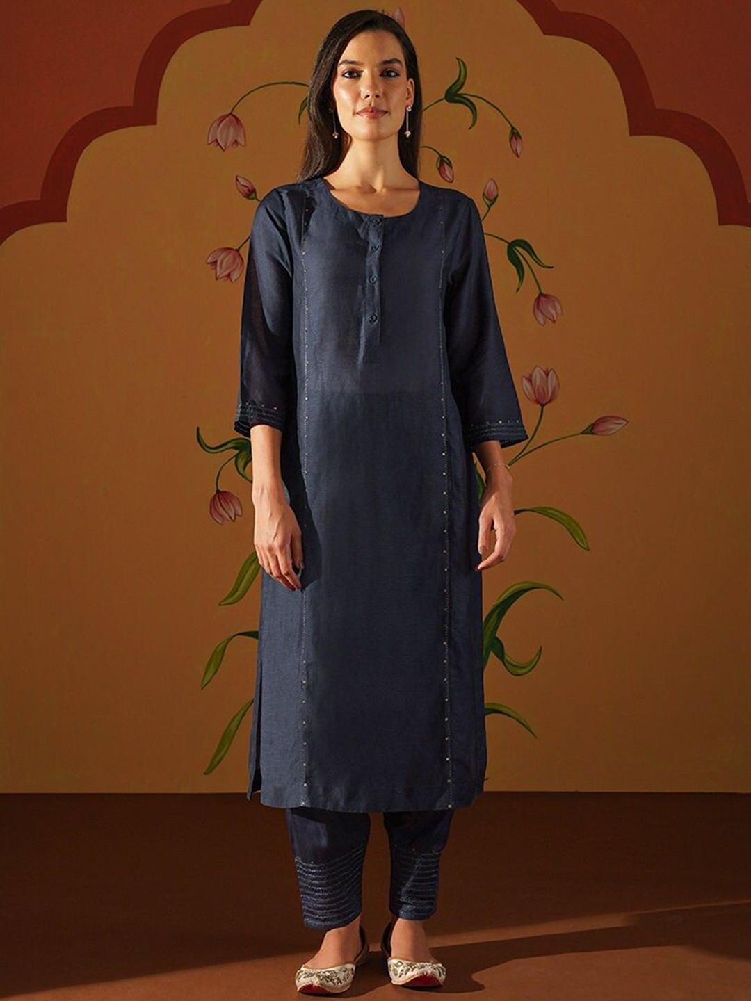 

JAYPORE Round Neck Sequinned A-Line Kurta, Blue