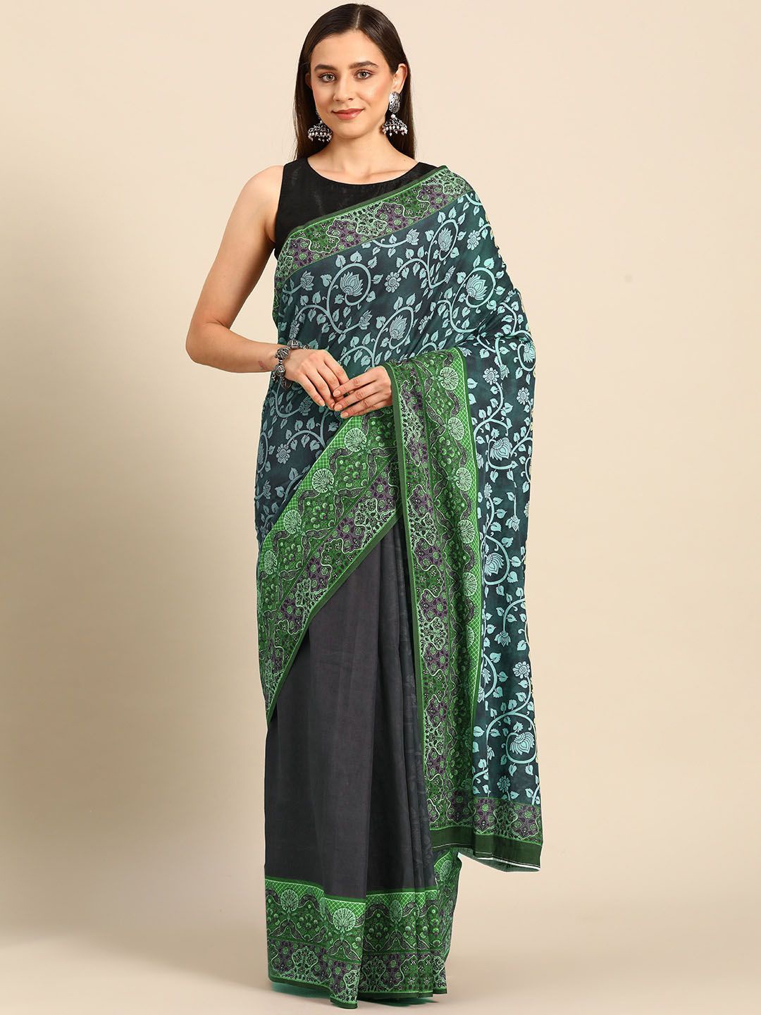 

BUTA BUTI Floral Printed Pure Cotton Saree, Teal