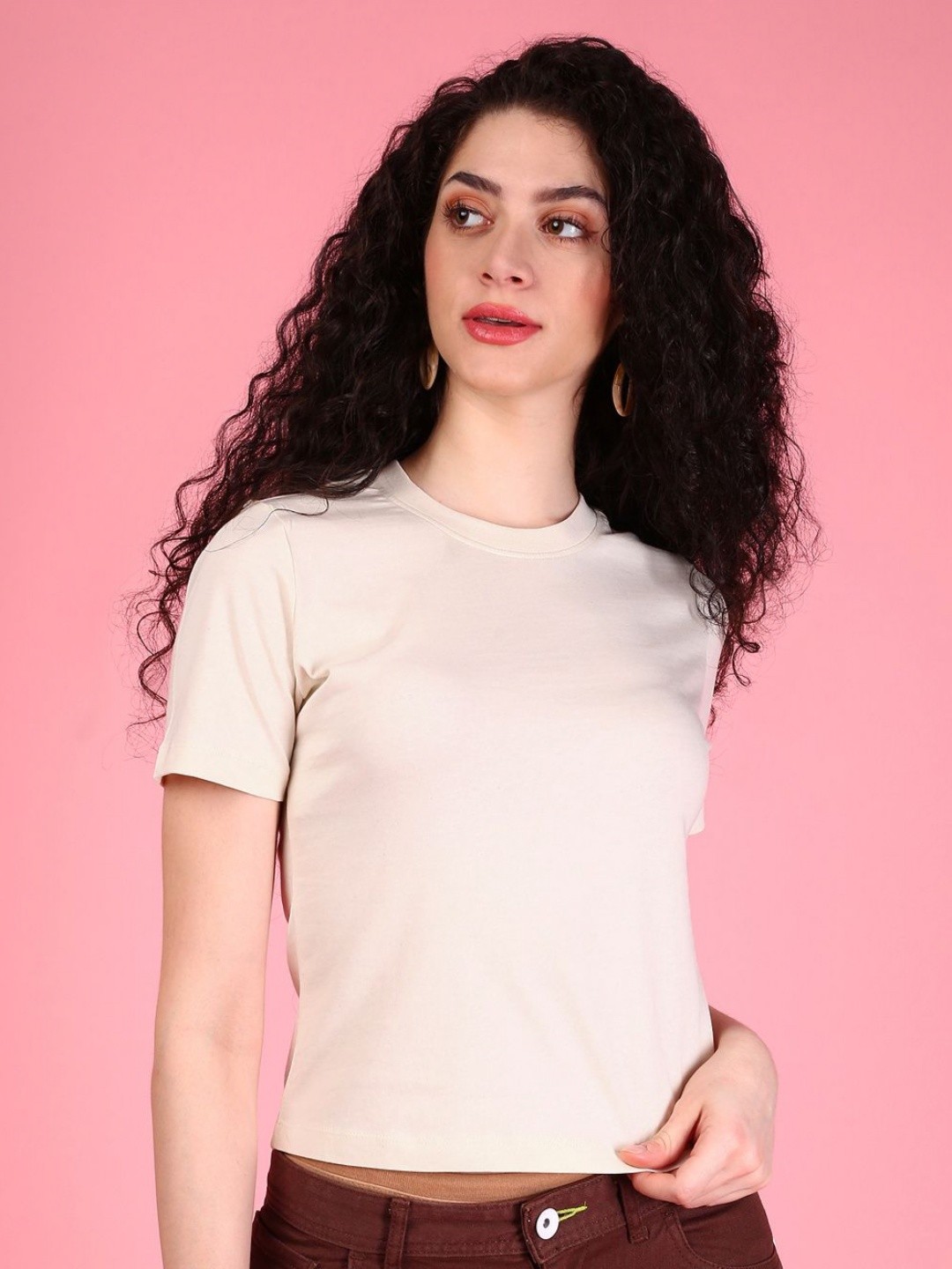 

DressBerry Women Solid Round Neck Cotton Slim Fit T-shirt, Beige
