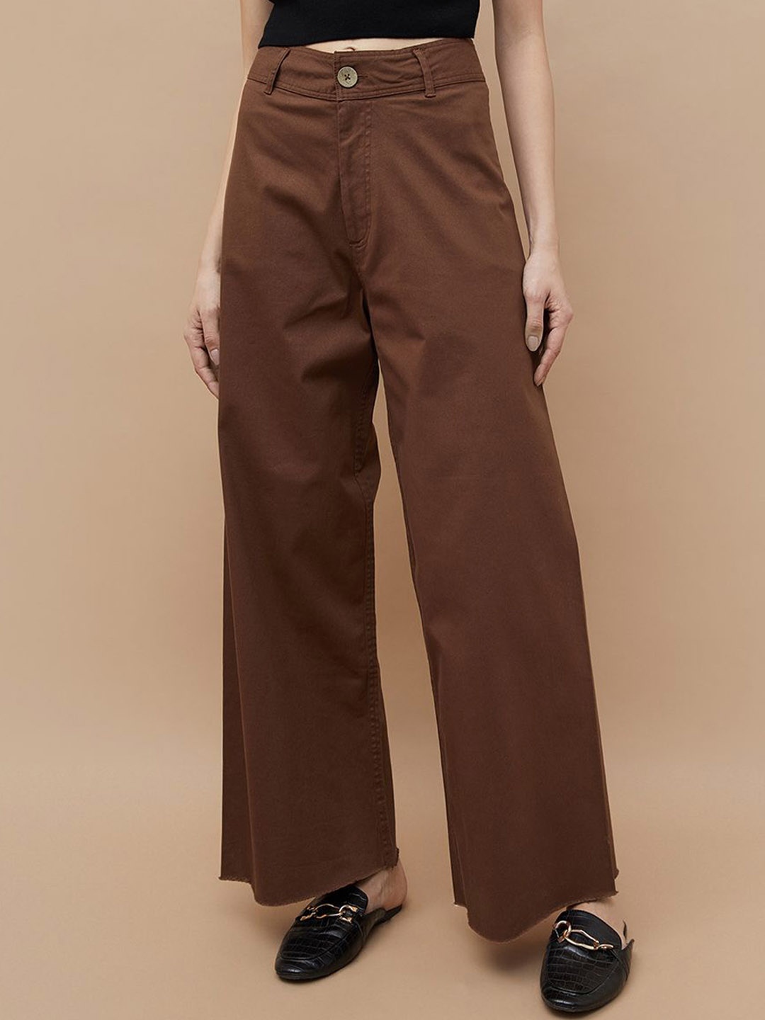 

Colour Me by Melange Women Solid Mid-Rise Wide Leg Trousers, Coffee brown