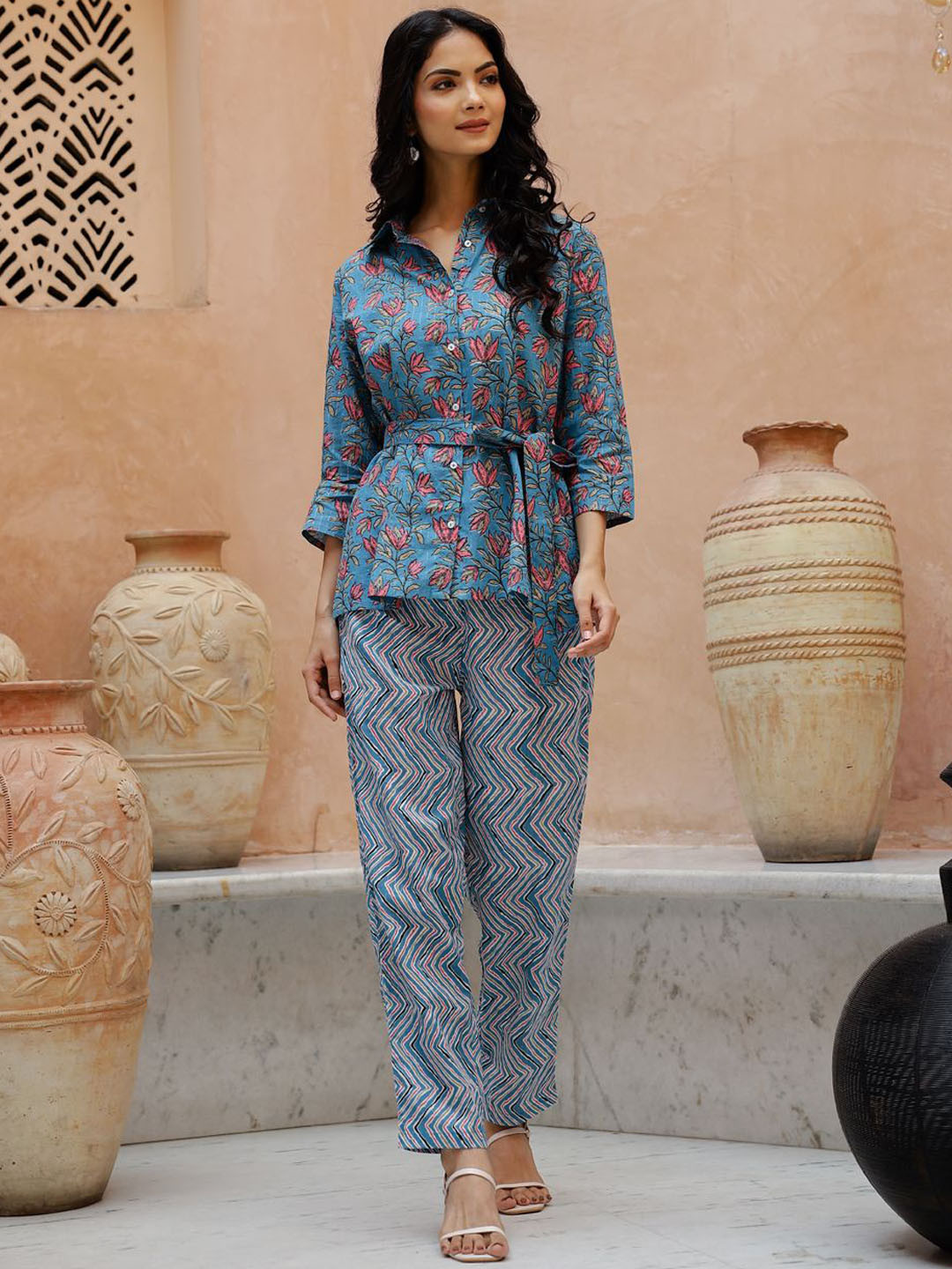 

RangDeep Floral Printed Shirt Collar Pure Cotton Shirt With Trousers, Blue
