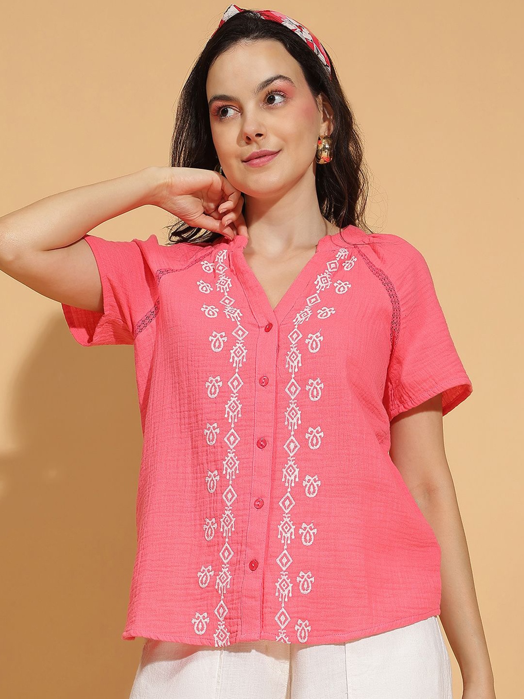 

Oxolloxo Women Ethnic Motifs Printed Mandarin Collar Cotton Top, Pink