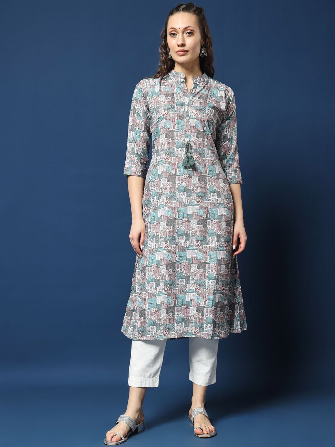 

VESH Geometric Printed Mandarin Collar Linen Cotton Straight Kurta, Teal