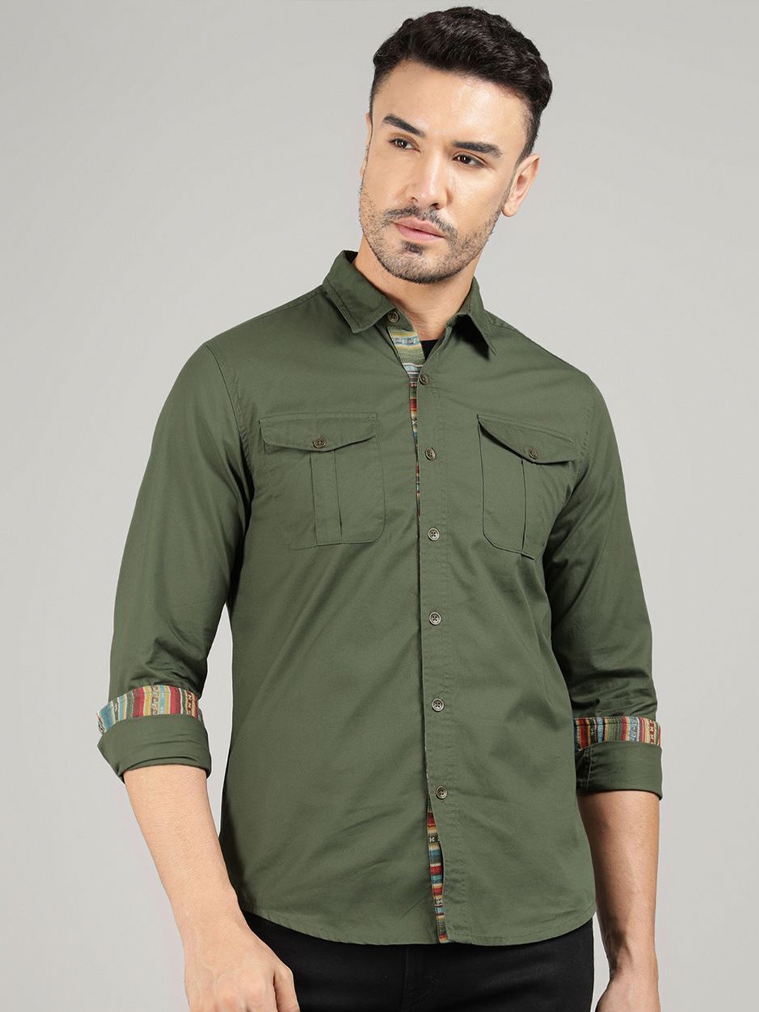 

Royal Enfield Men Spread Collar Solid Cotton Casual Shirt, Green