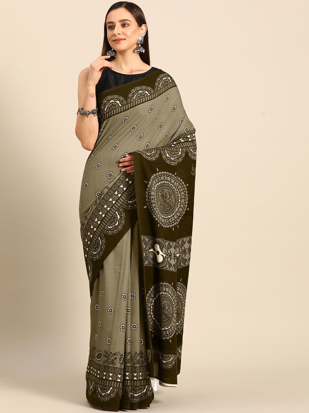 

BUTA BUTI Floral Printed Pure Cotton Saree, Brown