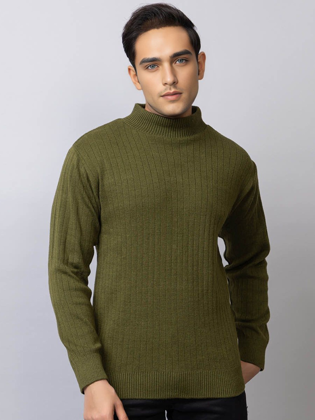 

TYSORT Men Striped Woollen Pullover, Olive