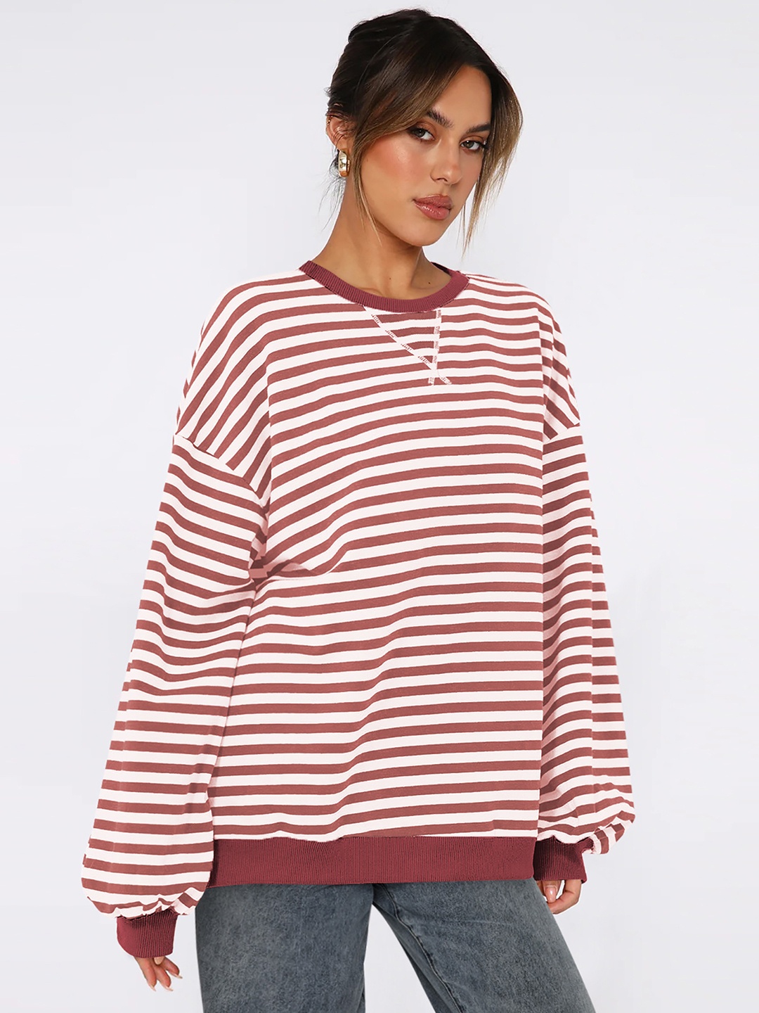 

StyleCast x Revolte Women Striped Sweatshirt, Brown