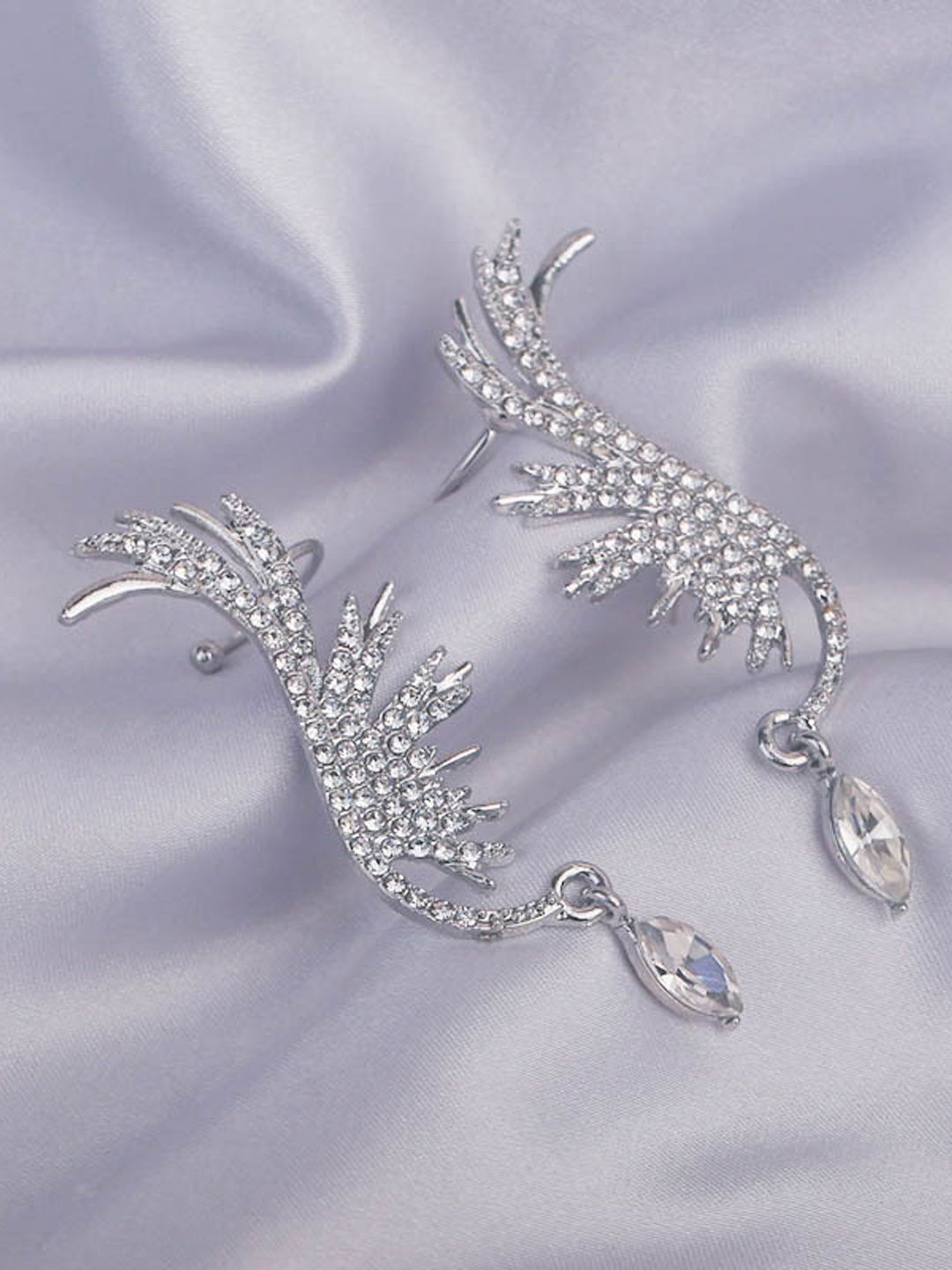 

VAGHBHATT Silver Plated Stainless Steel Rhinestone Studded Classic Ear Cuff Earrings