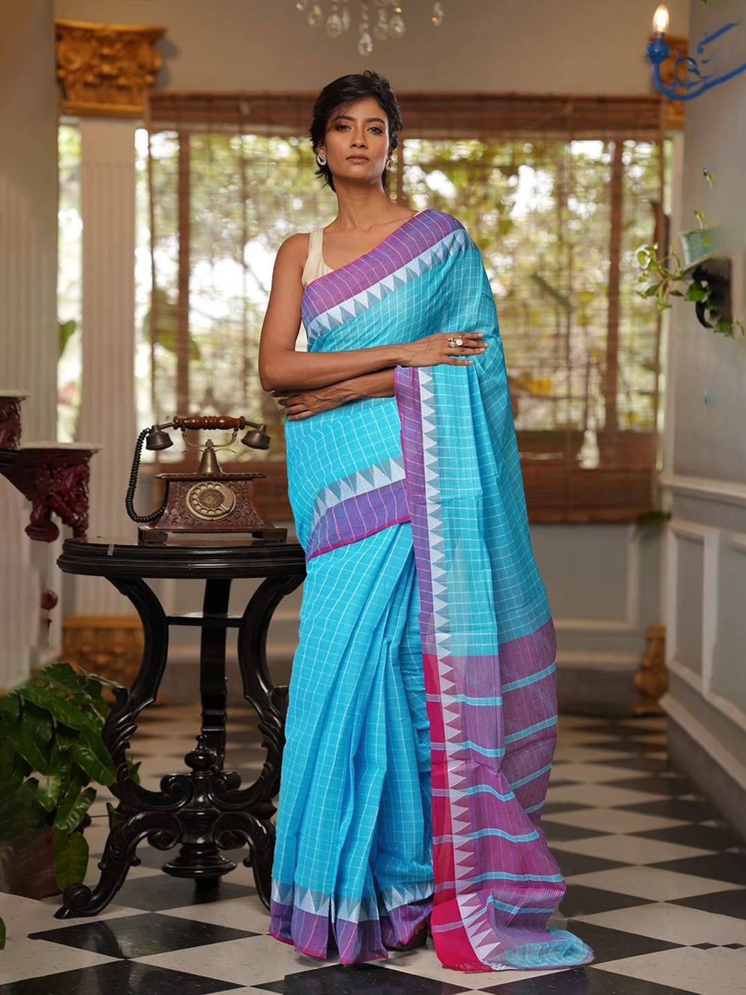 

Unnati Silks Checked Pure Cotton Handloom Mangalagiri Saree, Blue