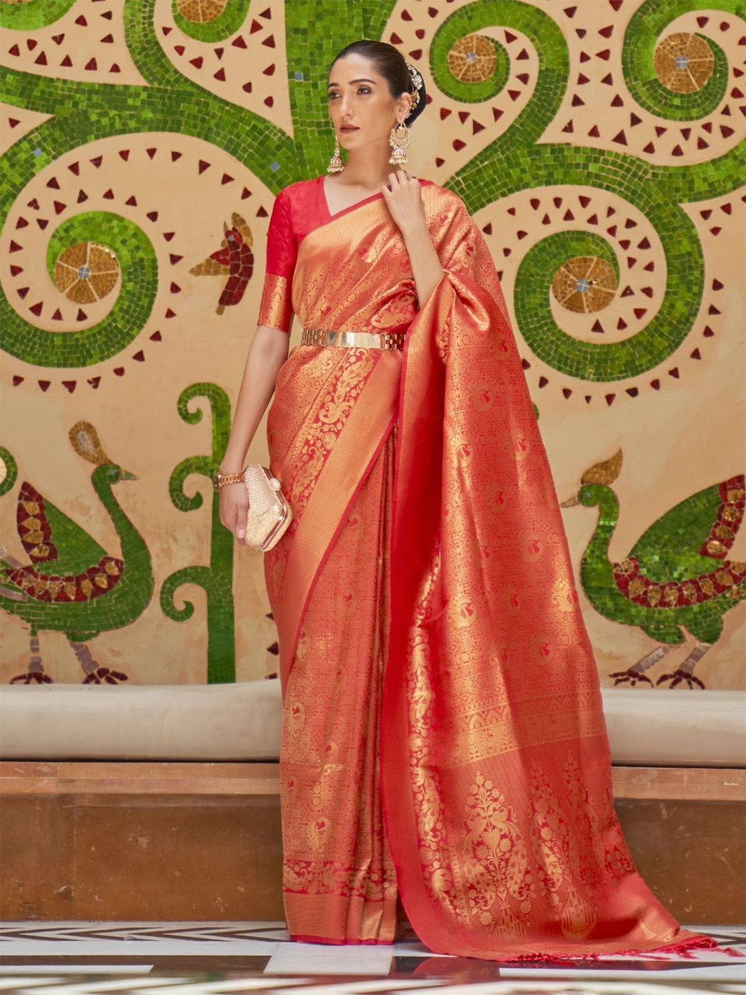 

ODETTE Woven Design Zari Saree, Red