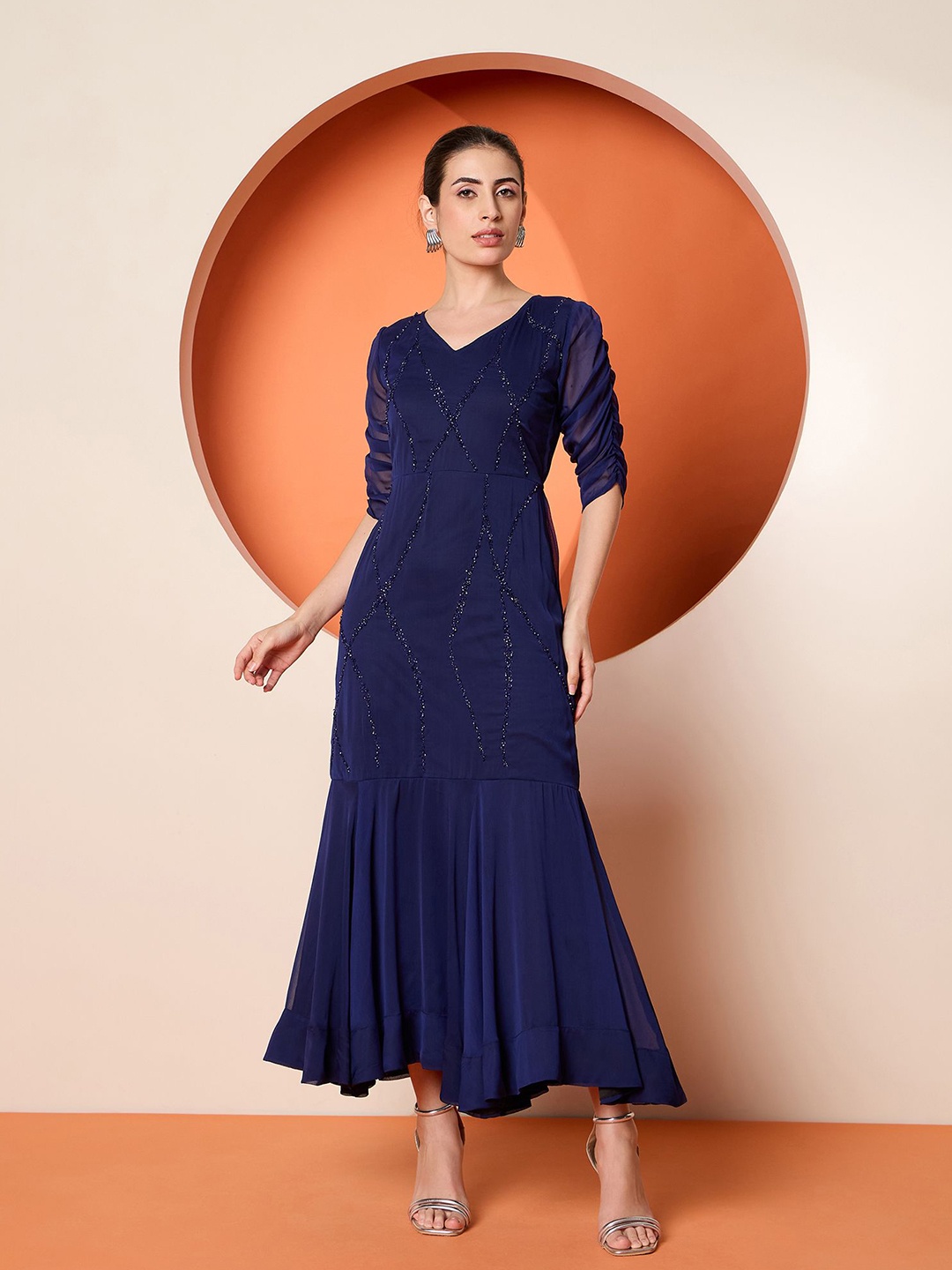 

Antheaa Women Embellished Chiffon Three-Quarter Sleeves Maxi Dress, Blue