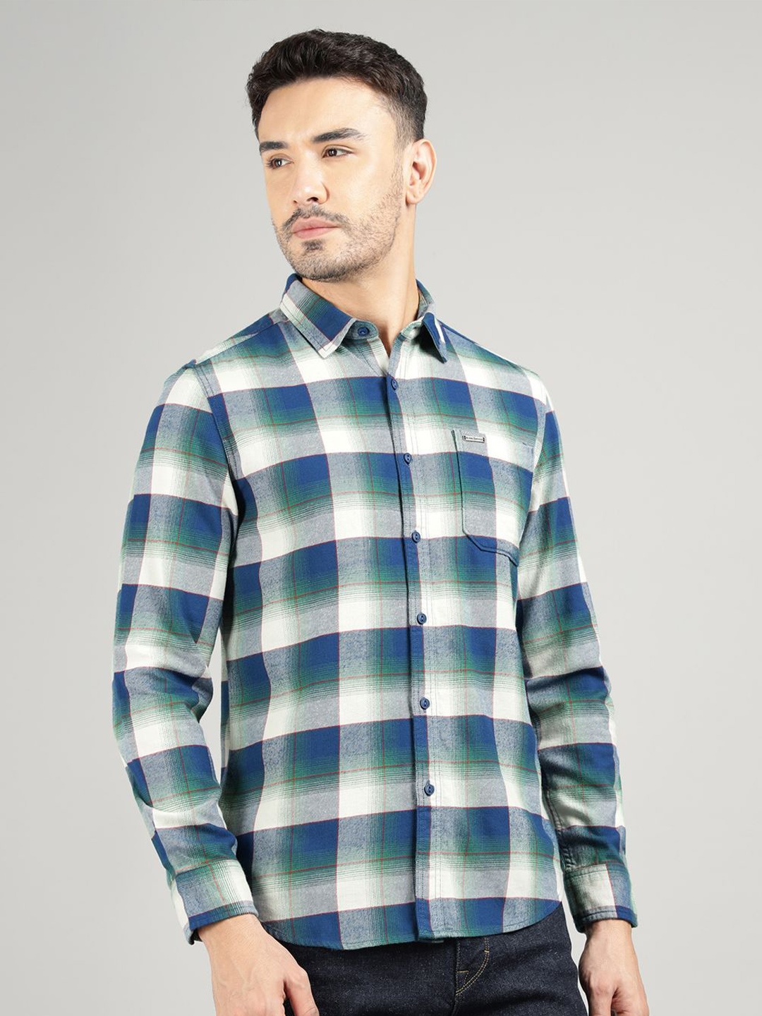 

Royal Enfield Men Spread Collar Gingham Checked Cotton Casual Shirt, Green