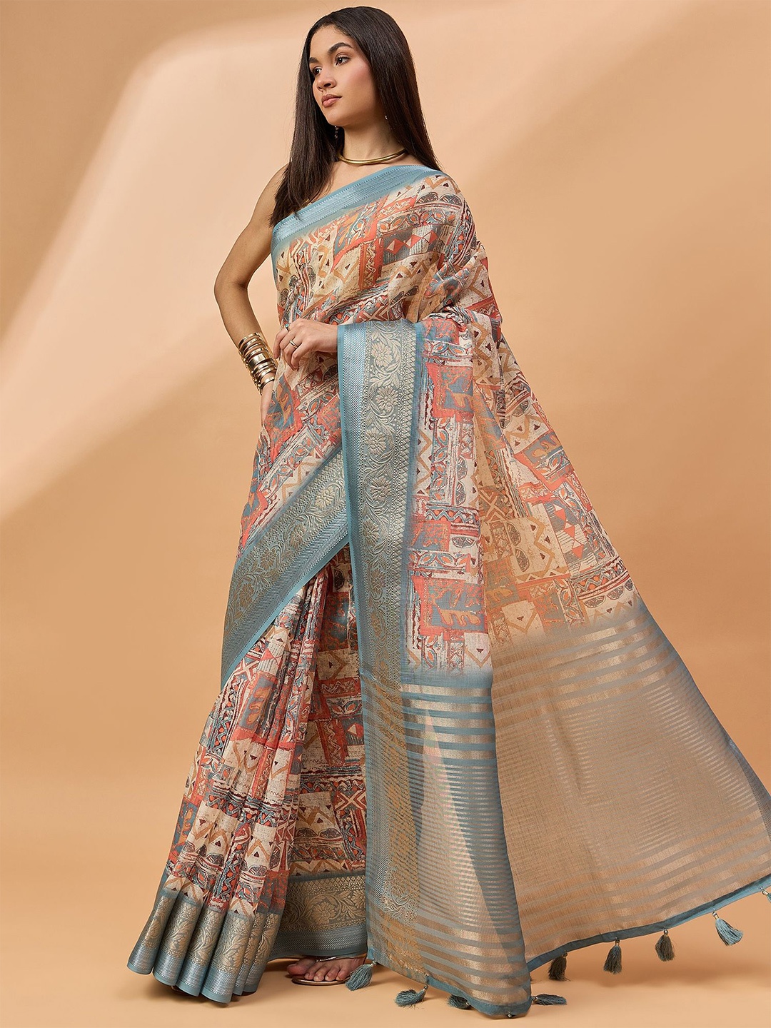 

all about you Paisley Zari Printed Pure Linen Saree, Off white