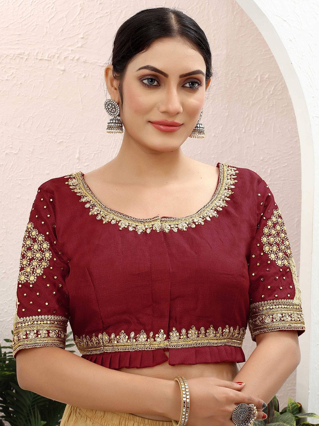 

Krimmple Embroidered Embellished Non-Padded Saree Blouse, Maroon