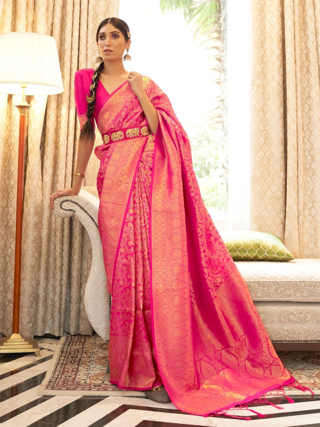 

ODETTE Woven Design Zari Saree, Pink