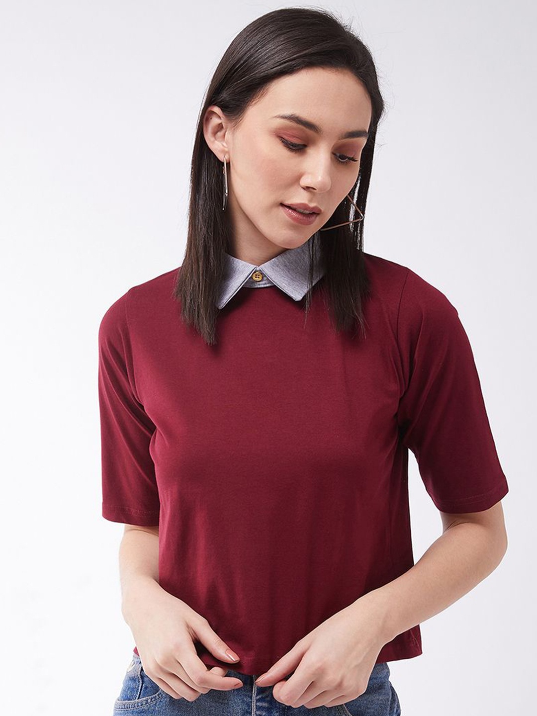 

Chemistry Women Half Sleeves Round Neck Solid Crop Top, Maroon