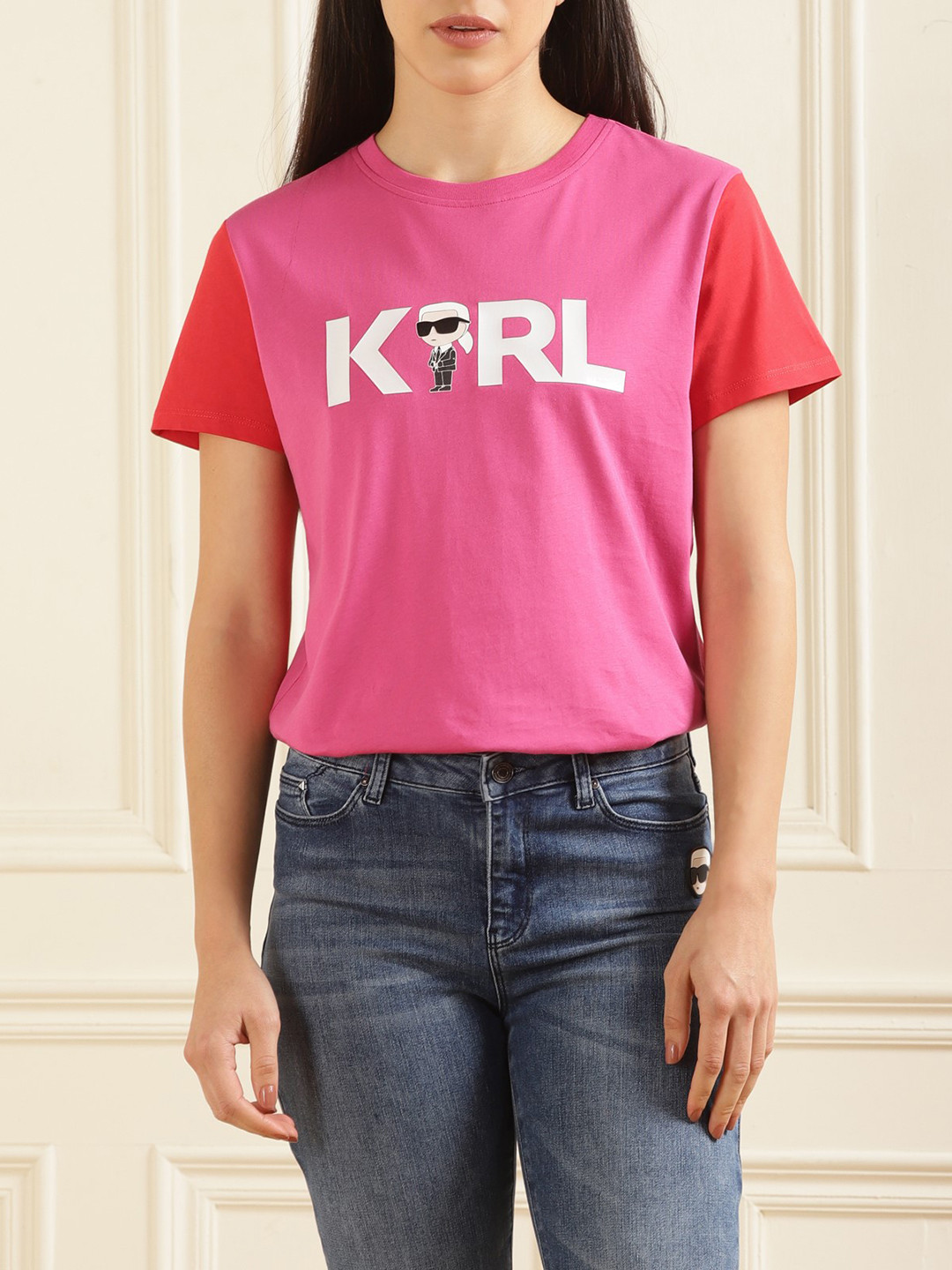 

Karl Lagerfeld Women Pink V-Neck Pockets T-shirt