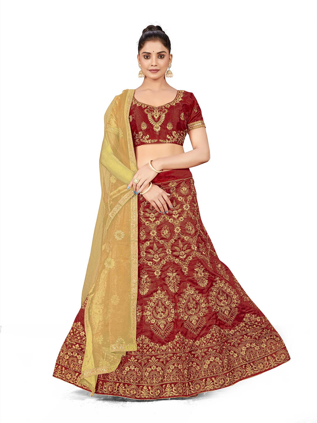 

Maroosh Embellished Thread Work Unstitched Lehenga & Blouse With Dupatta, Maroon