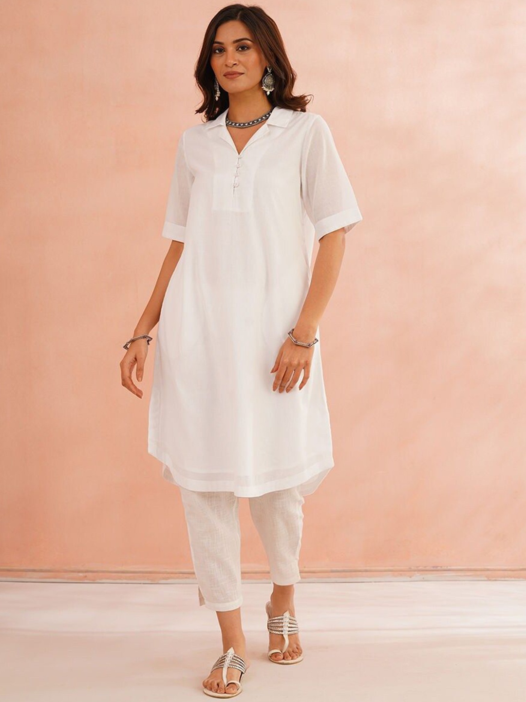 

JAYPORE Shirt Collar Cotton A Line Kurta, White