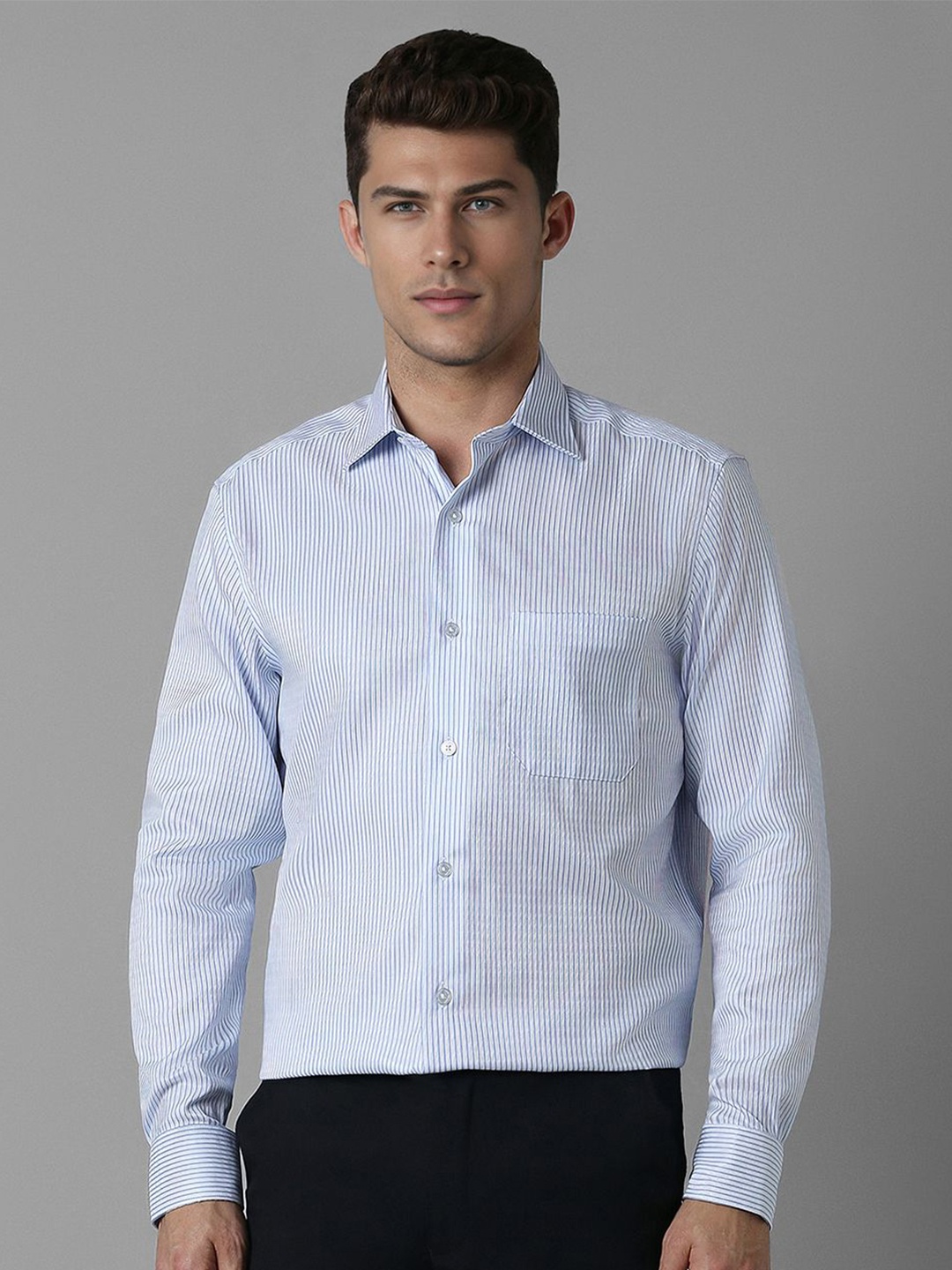 

Louis Philippe Men Classic Spread Collar Textured Printed Cotton Formal Shirt, Blue