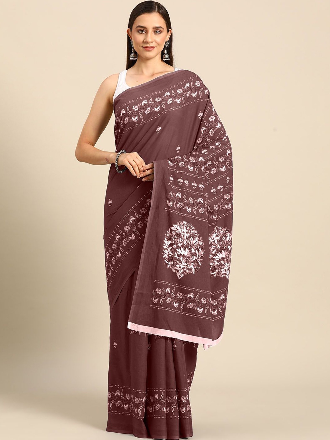

BUTA BUTI Floral Printed Pure Cotton Saree, Brown