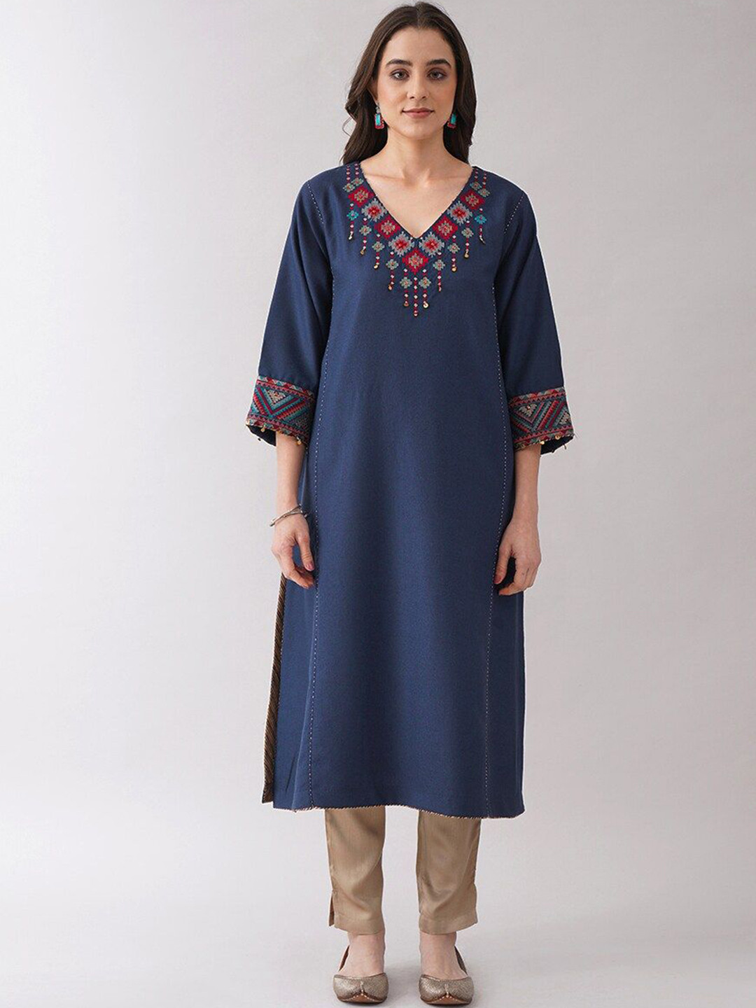 

JAYPORE Geometric Embroidered Regular Sequinned A-Line Kurta, Blue