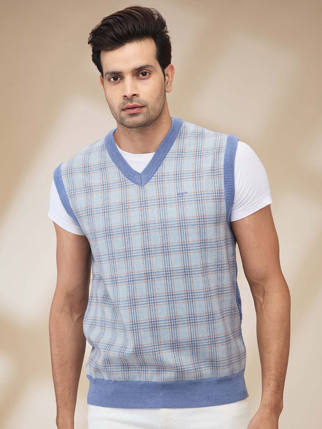 

ColorPlus Men Checked Sleeveless Sweater Vest, Blue