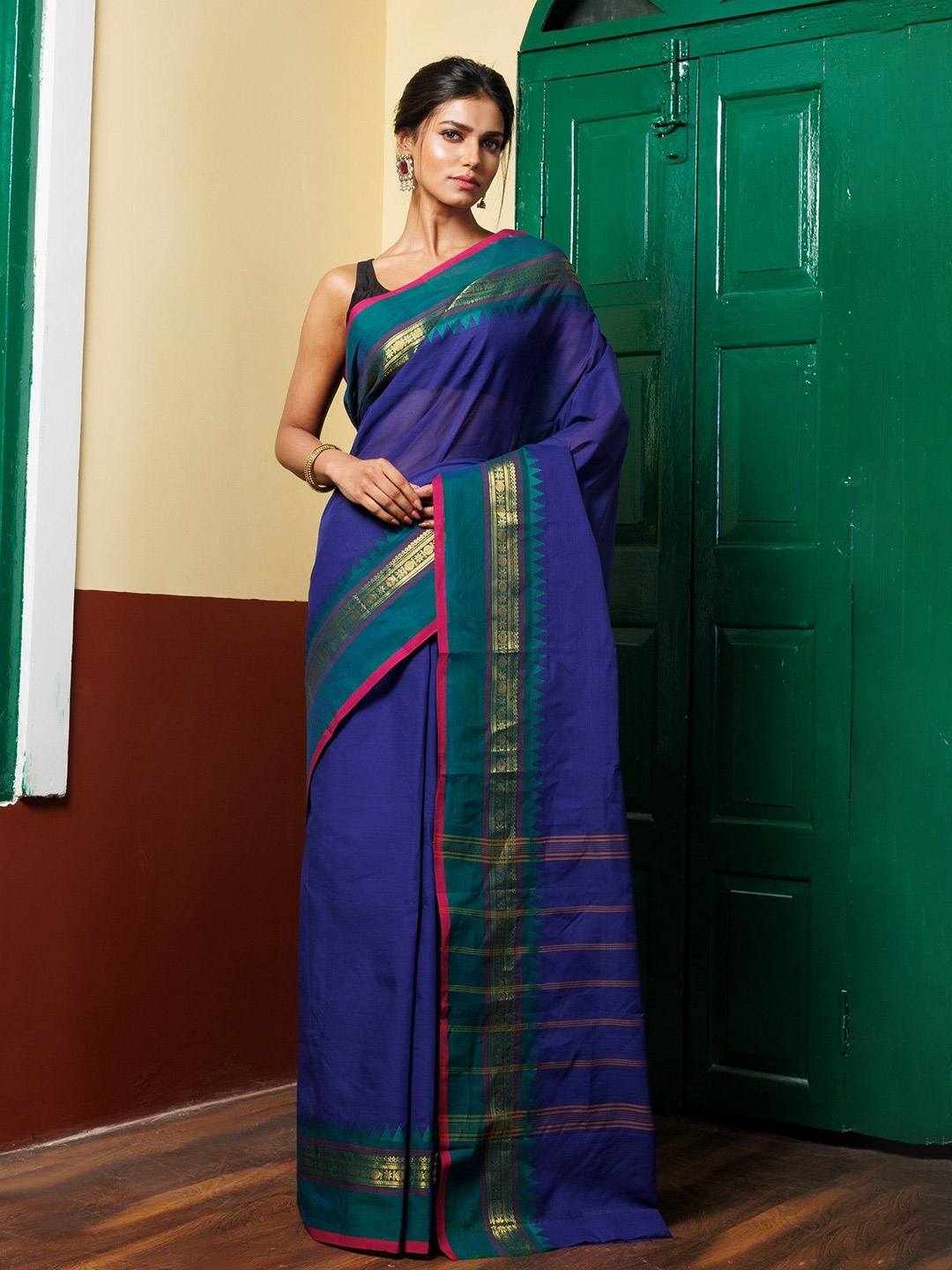 

Unnati Silks Zari Pure Cotton Handloom Kanjeevaram Saree, Blue