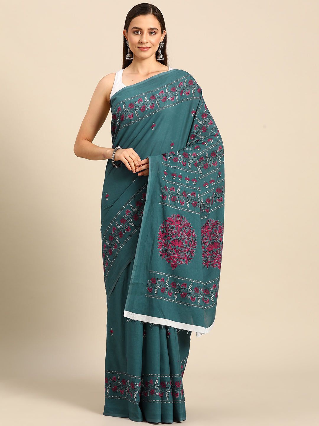 

BUTA BUTI Ethnic Motifs Printed Pure Cotton Saree, Sea green