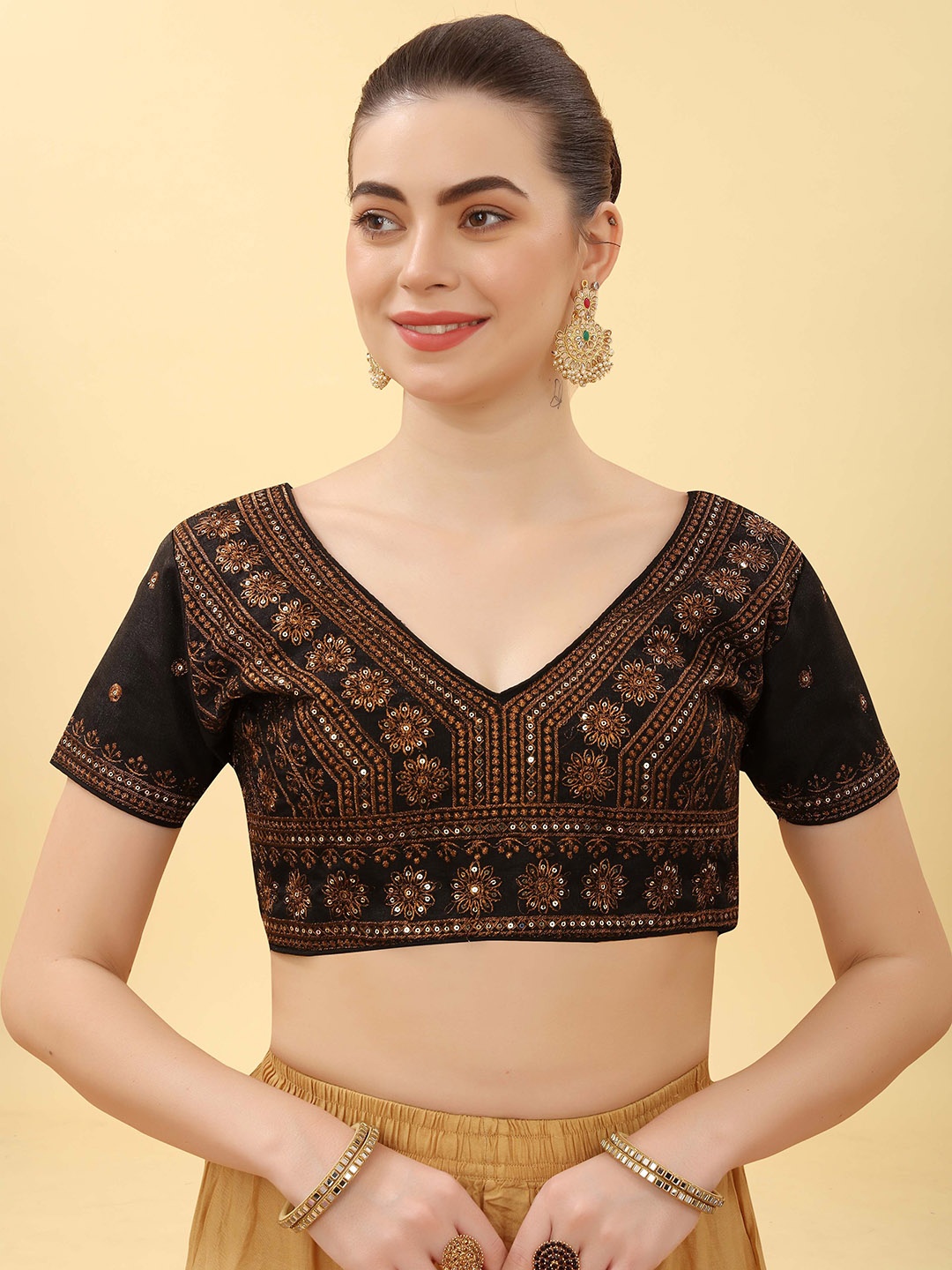 

Krimmple V-Neck Sequinned Embroidered Saree Blouse, Black