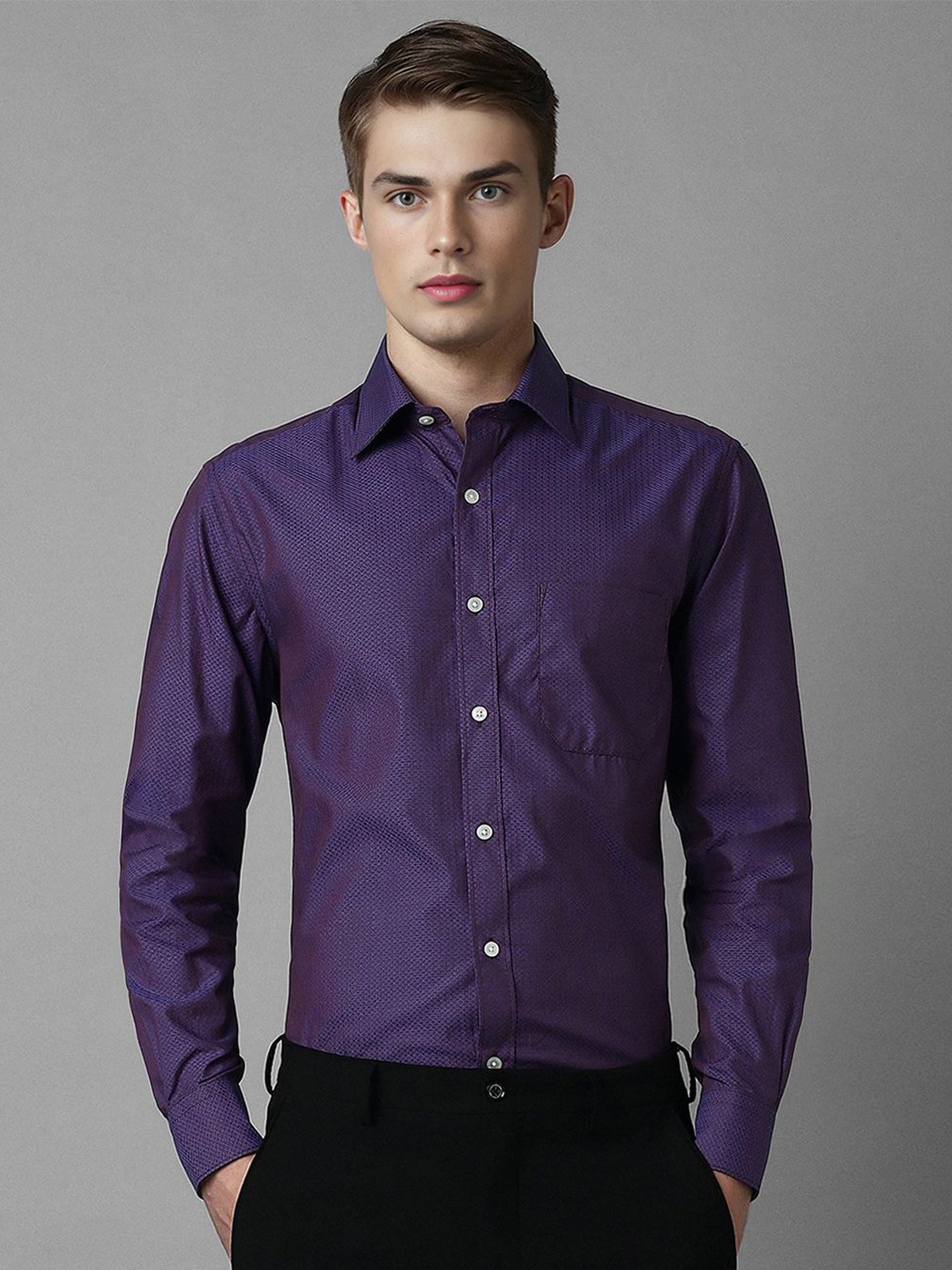 

Louis Philippe Men Classic Spread Collar Solid Cotton Formal Shirt, Purple
