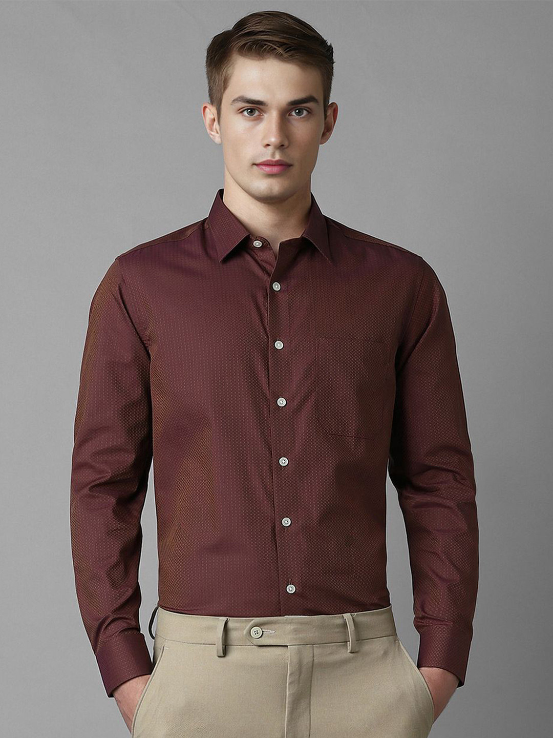 

Louis Philippe Men Spread Collar Solid Cotton Slim Fit Formal Shirt, Brown