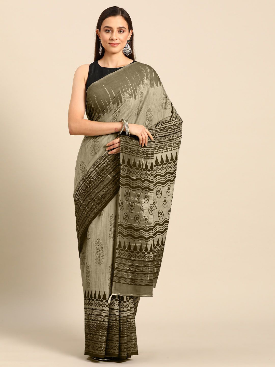 

BUTA BUTI Floral Printed Pure Cotton Saree, Coffee brown