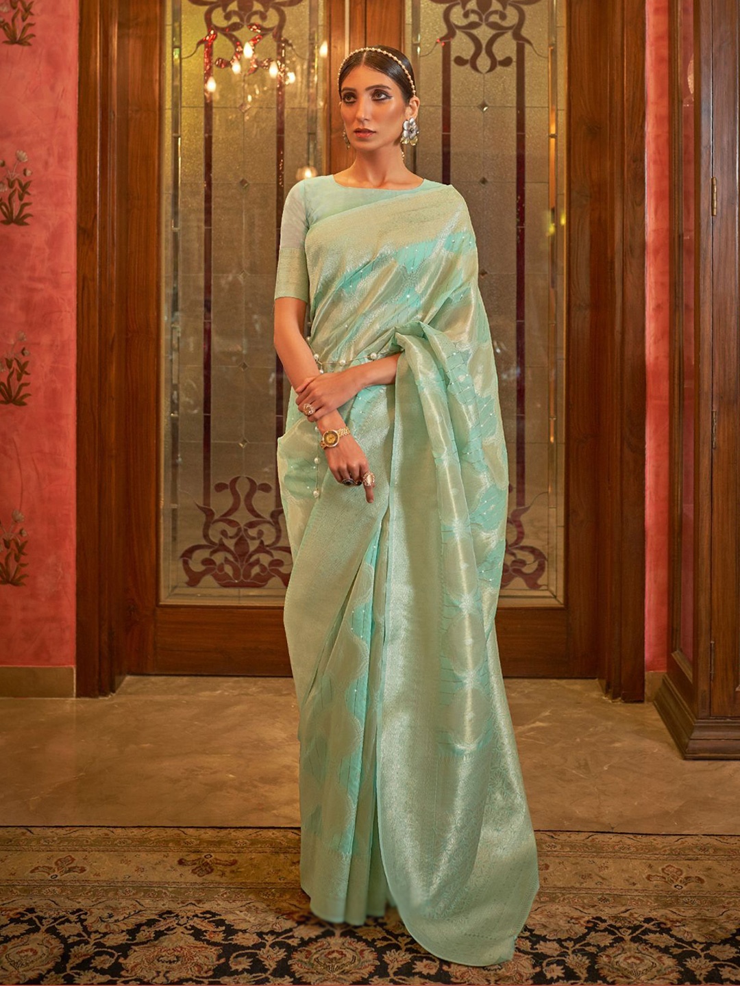 

ODETTE Ethnic Motifs Woven Design Zari Saree, Sea green