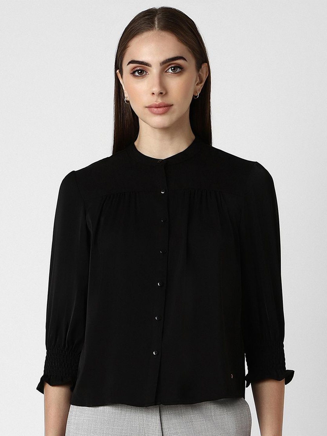 

Van Heusen Woman Band Collar Solid Formal Shirt, Black